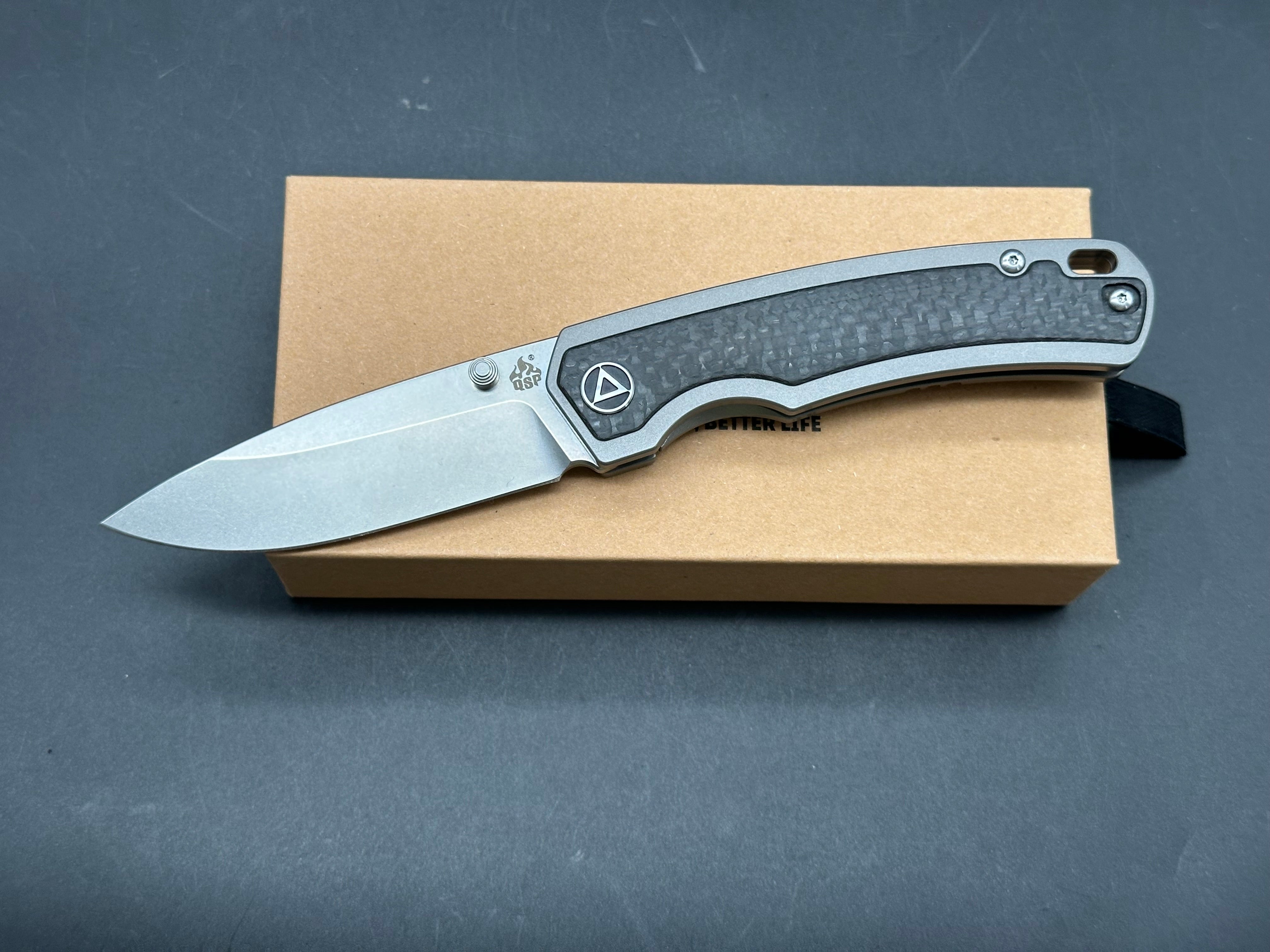 QSP Puffin, Stonewashed S35VN Blade, Blasted Ti Handles w/Carbon Fiber Inlay, Blasted Ti Pocket Clip and Backspacer