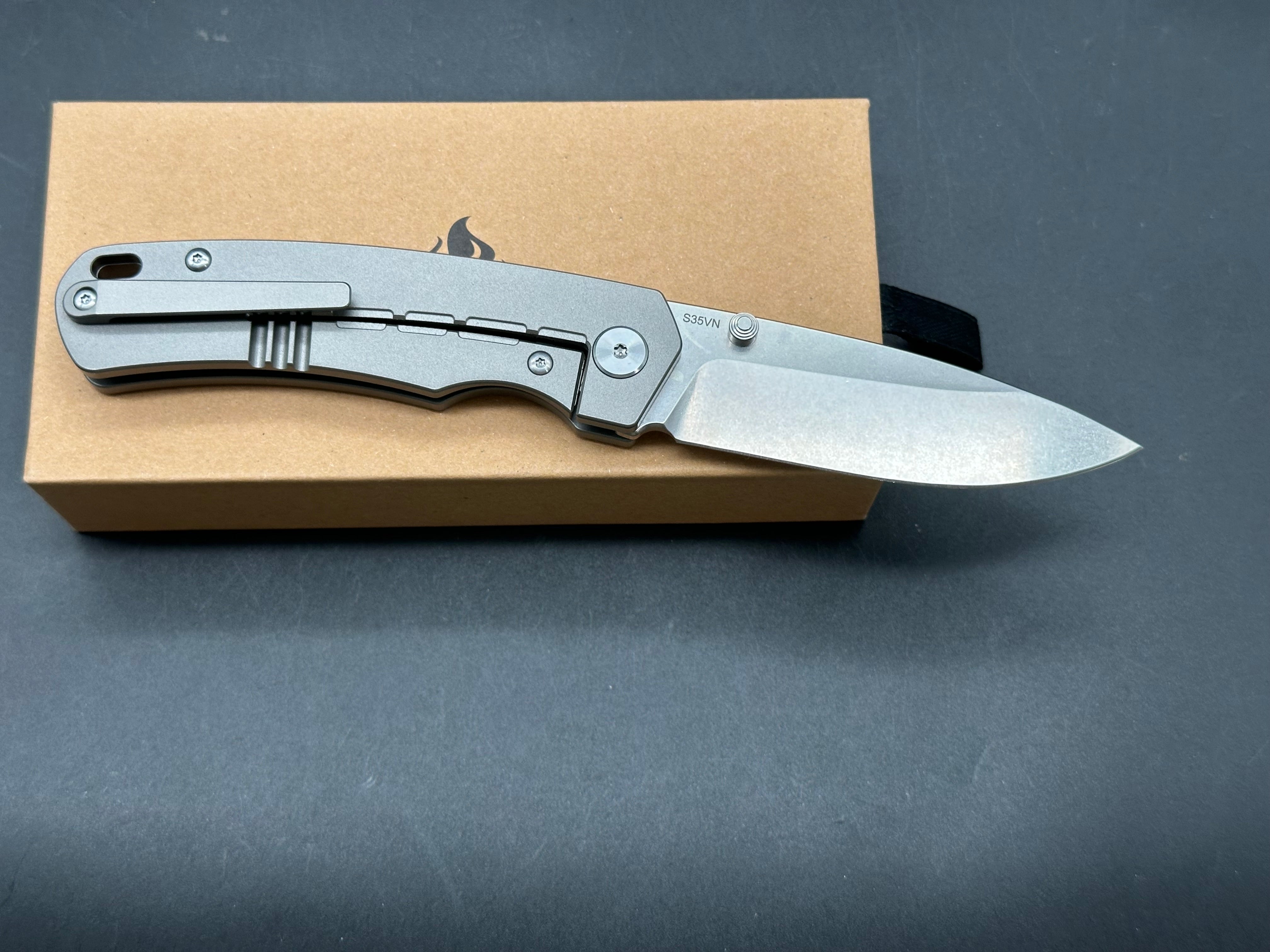 QSP Puffin, Stonewashed S35VN Blade, Blasted Ti Handles w/Carbon Fiber Inlay, Blasted Ti Pocket Clip and Backspacer