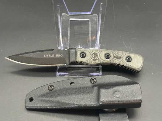 Tops Little Bro fixed blade linen micarta scales w/black 1095 blade (includessheath but no box)  $85