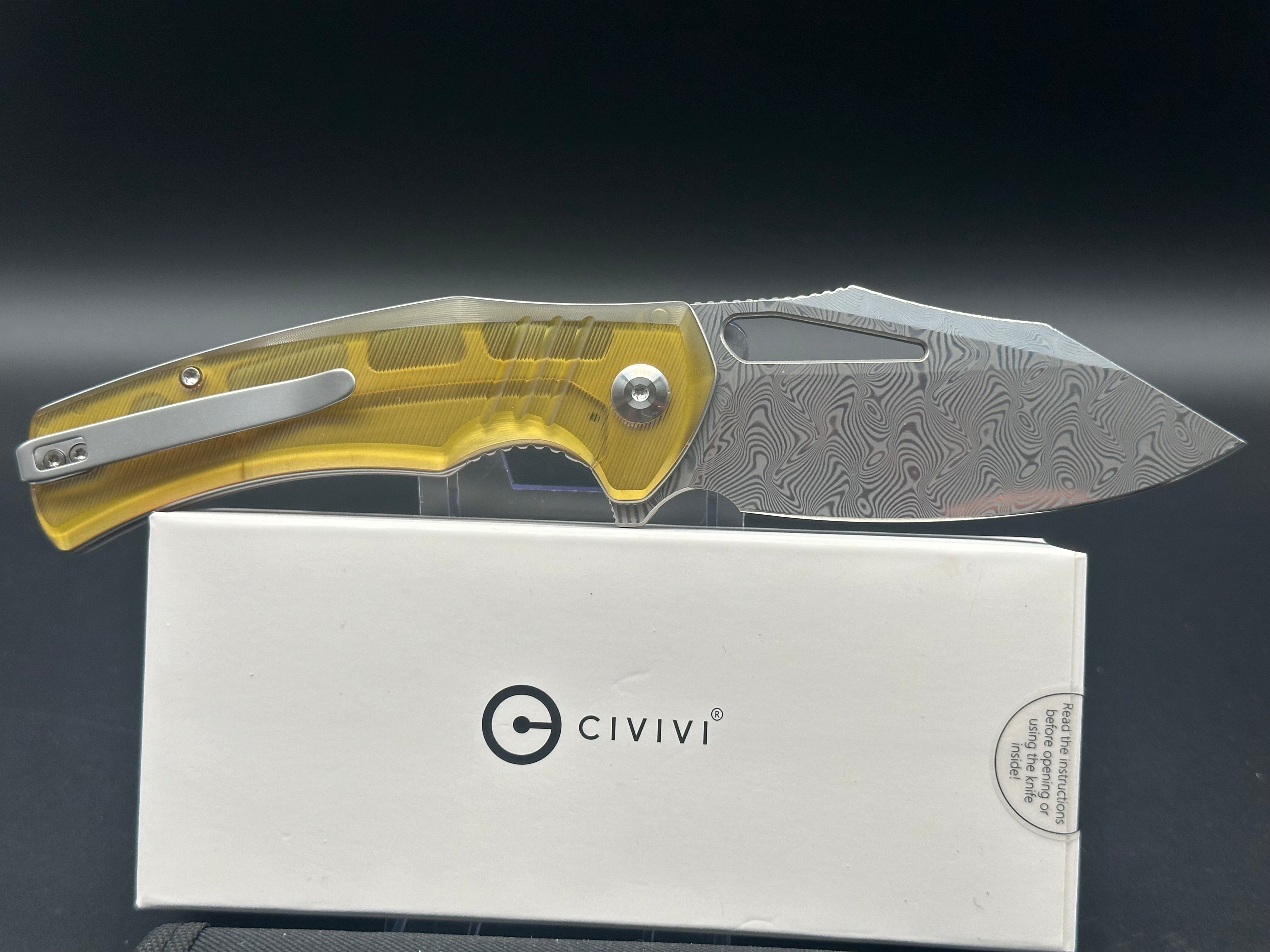 CIVIVI BULLTUSK POLISHED ULTEM HANDLE DAMASCUS CLIP POINT