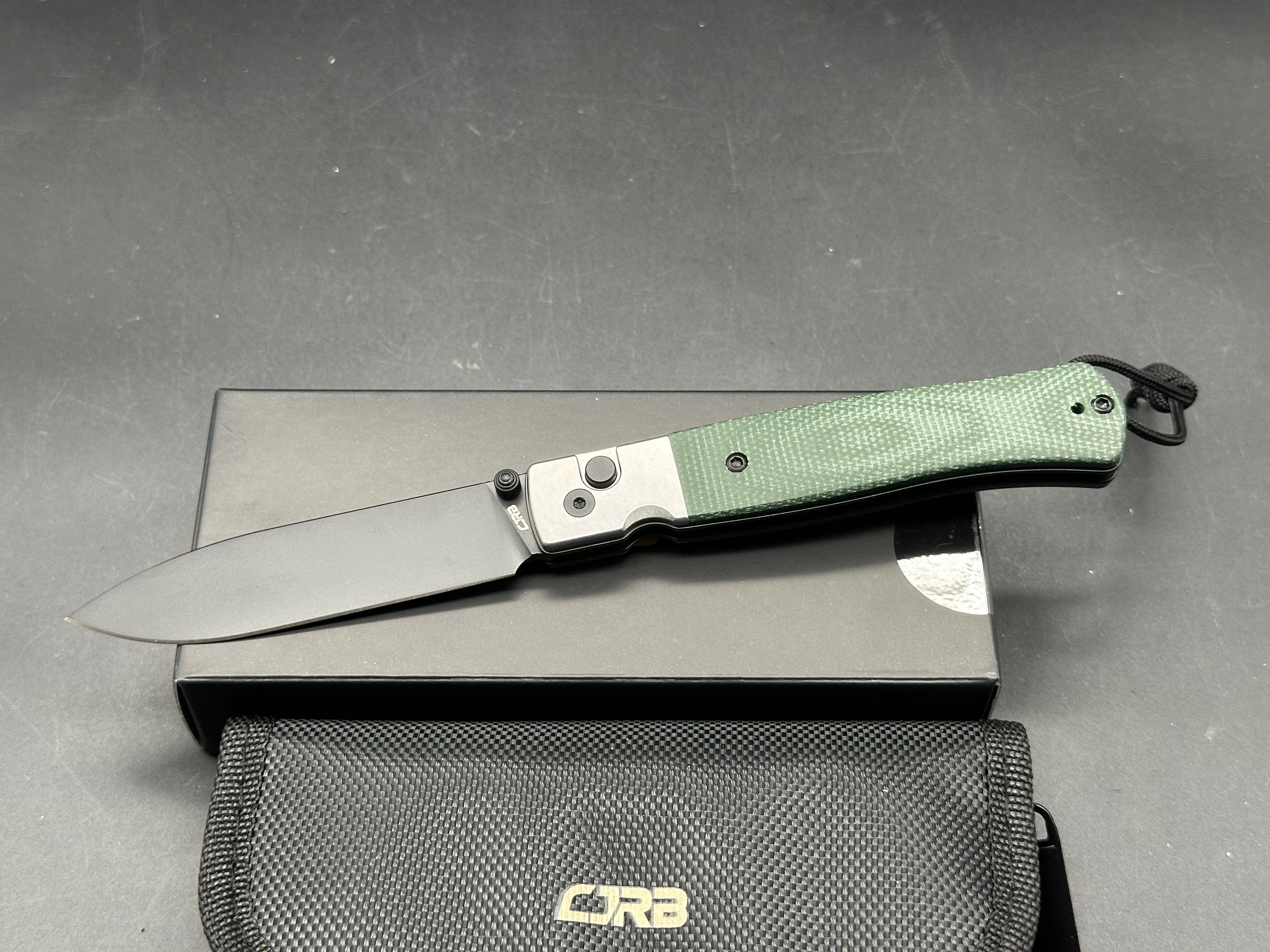 CJRB GLACIER GREEN MICARTA/STEEL HANDLE AR-RPM9 DROP POINT PLAIN EDGE BLACK PVD