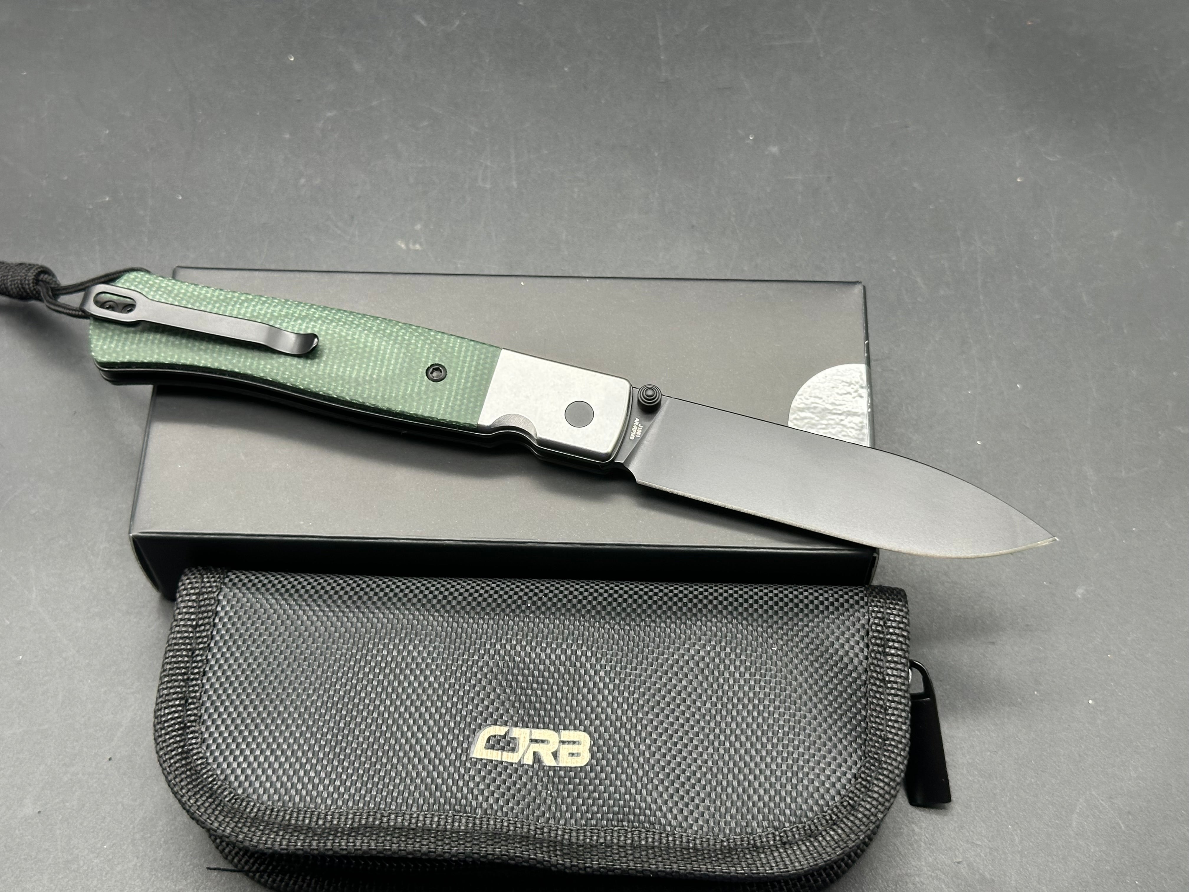 CJRB GLACIER GREEN MICARTA/STEEL HANDLE AR-RPM9 DROP POINT PLAIN EDGE BLACK PVD