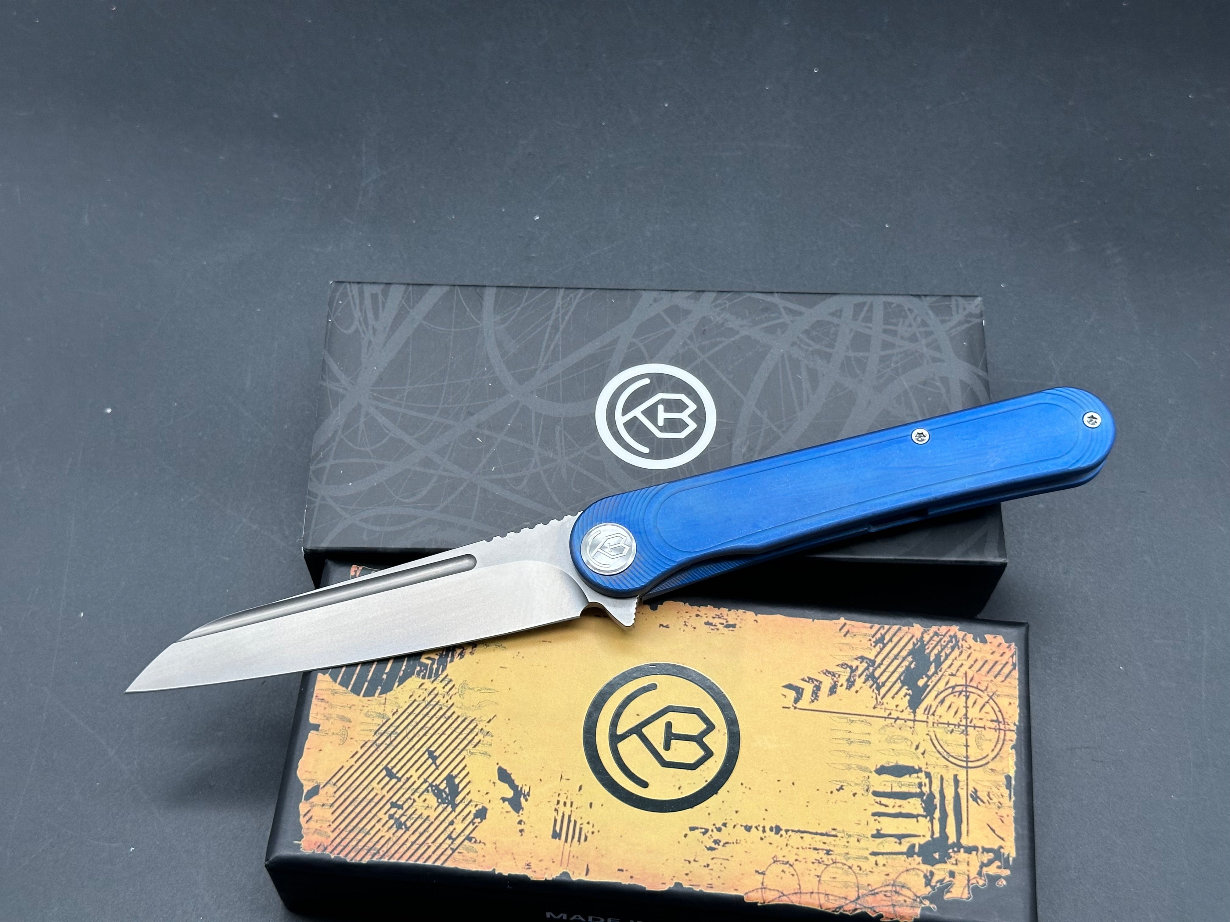 KUBEY KNIVES DANDY BLUE TITANIUM HANDLE S90V SHEEPSFOOT PLAIN EDGE
