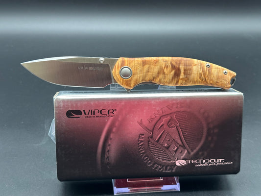 Viper Knives Vale MagnaCut Liner Lock Knife Flamed Poplar Wood