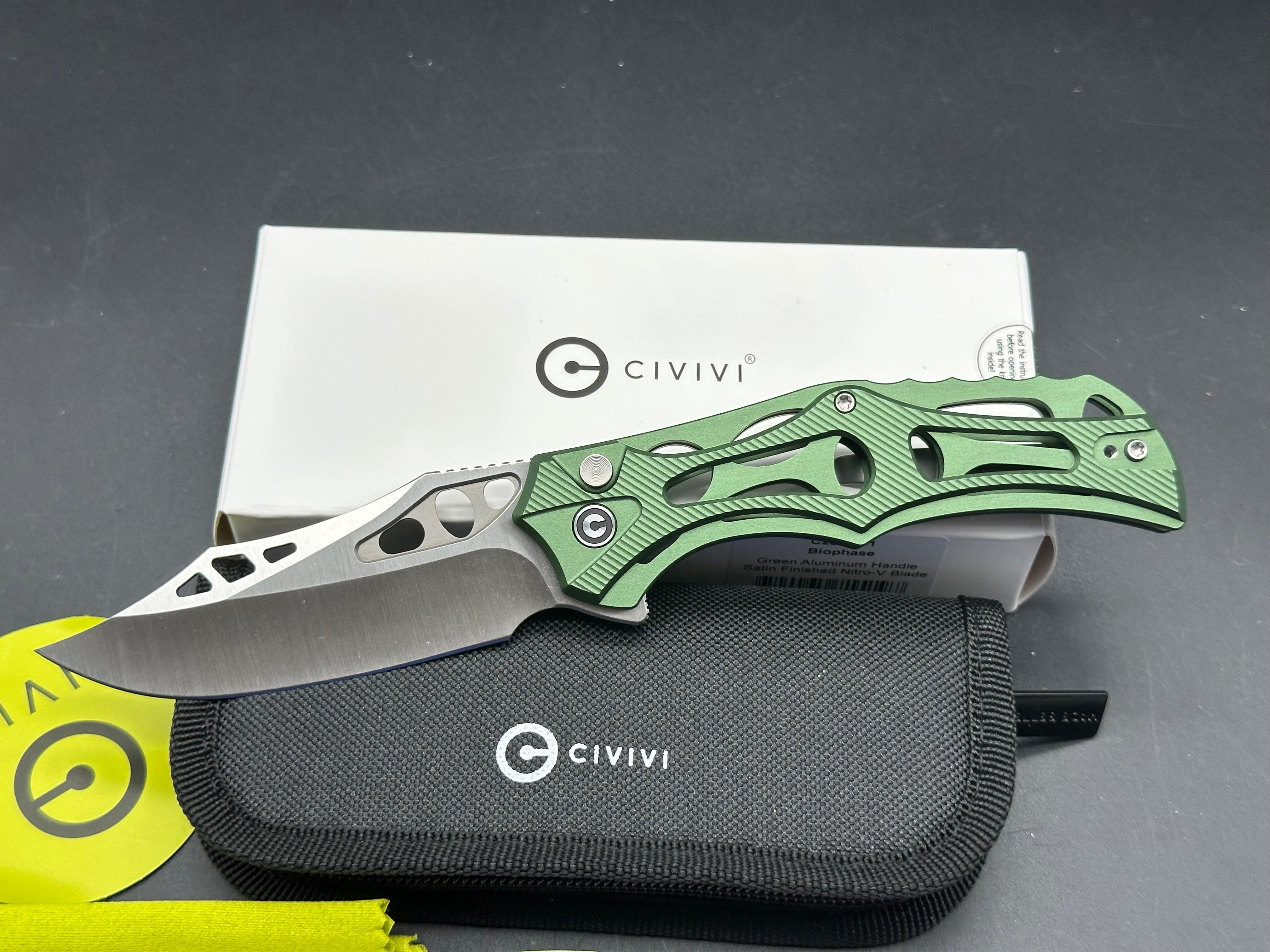 CIVIVI BIOPHASE FOLDING KNIFE GREEN ALUMINUM HANDLE NITRO-V PLAIN EDGE SATIN FINISH