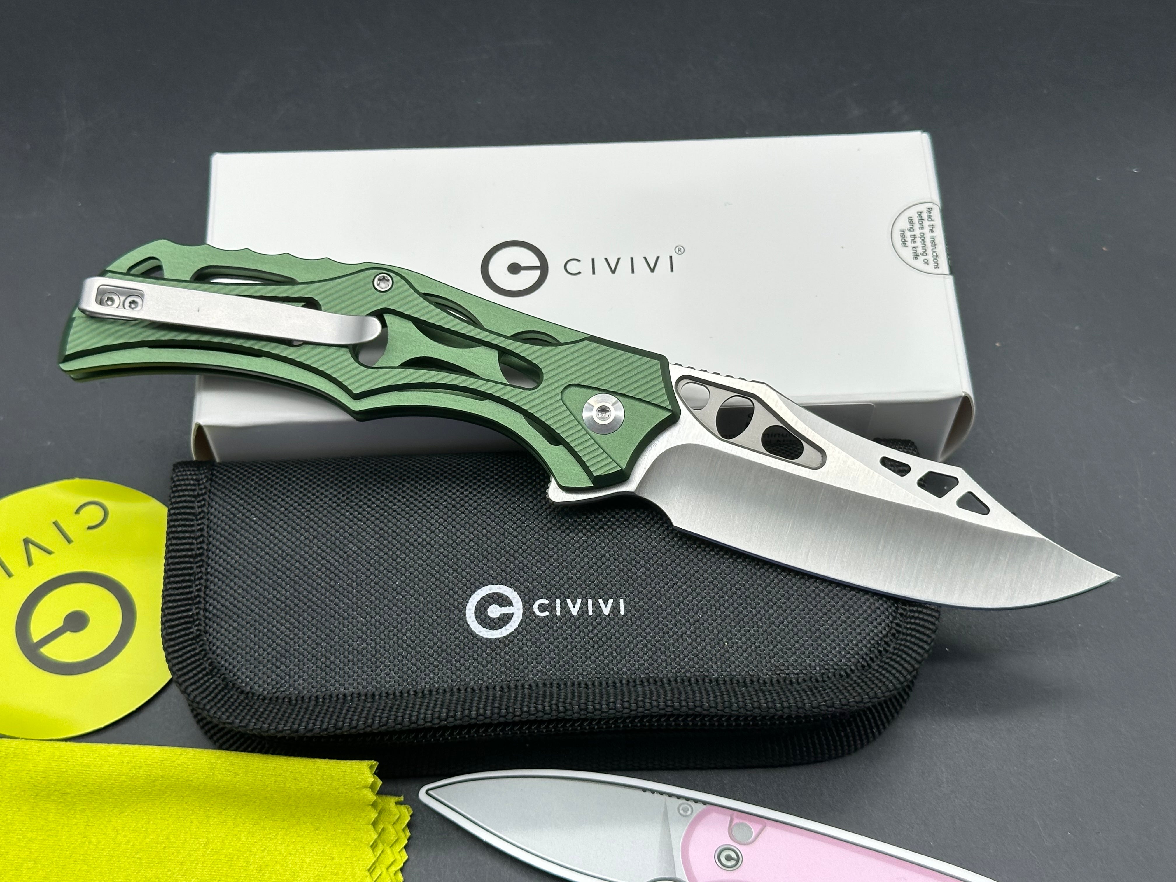 CIVIVI BIOPHASE FOLDING KNIFE GREEN ALUMINUM HANDLE NITRO-V PLAIN EDGE SATIN FINISH