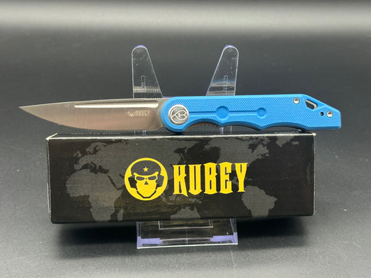 KUBEY MIZO FOLDING KNIFE BLUE G10 HANDLE 14C28N PLAIN EDGE SATIN FINISH KU2101B