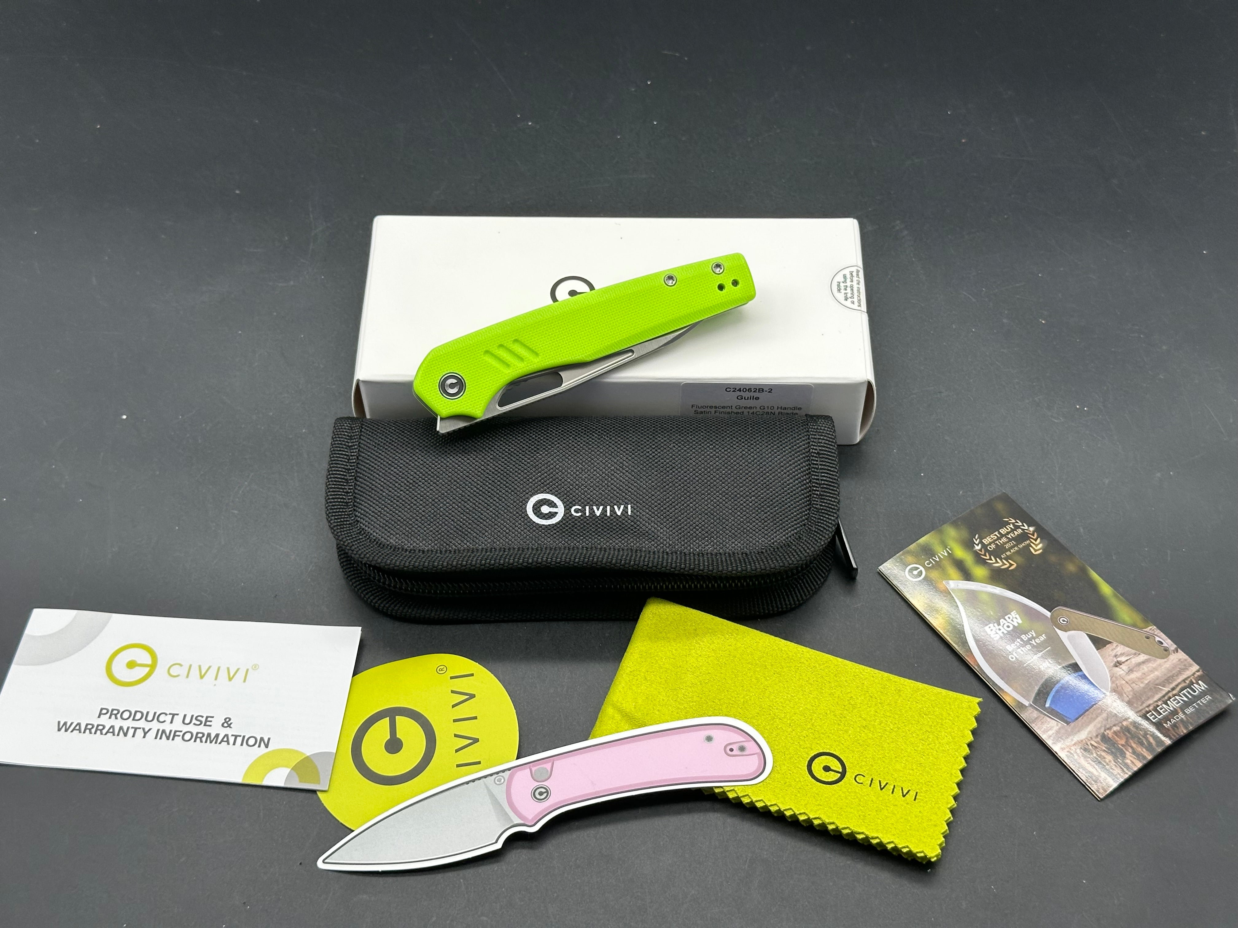 CIVIVI GUILE FLUORESCENT GREEN G10 HANDLE 14C28N PLAIN EDGE SATIN FINISH