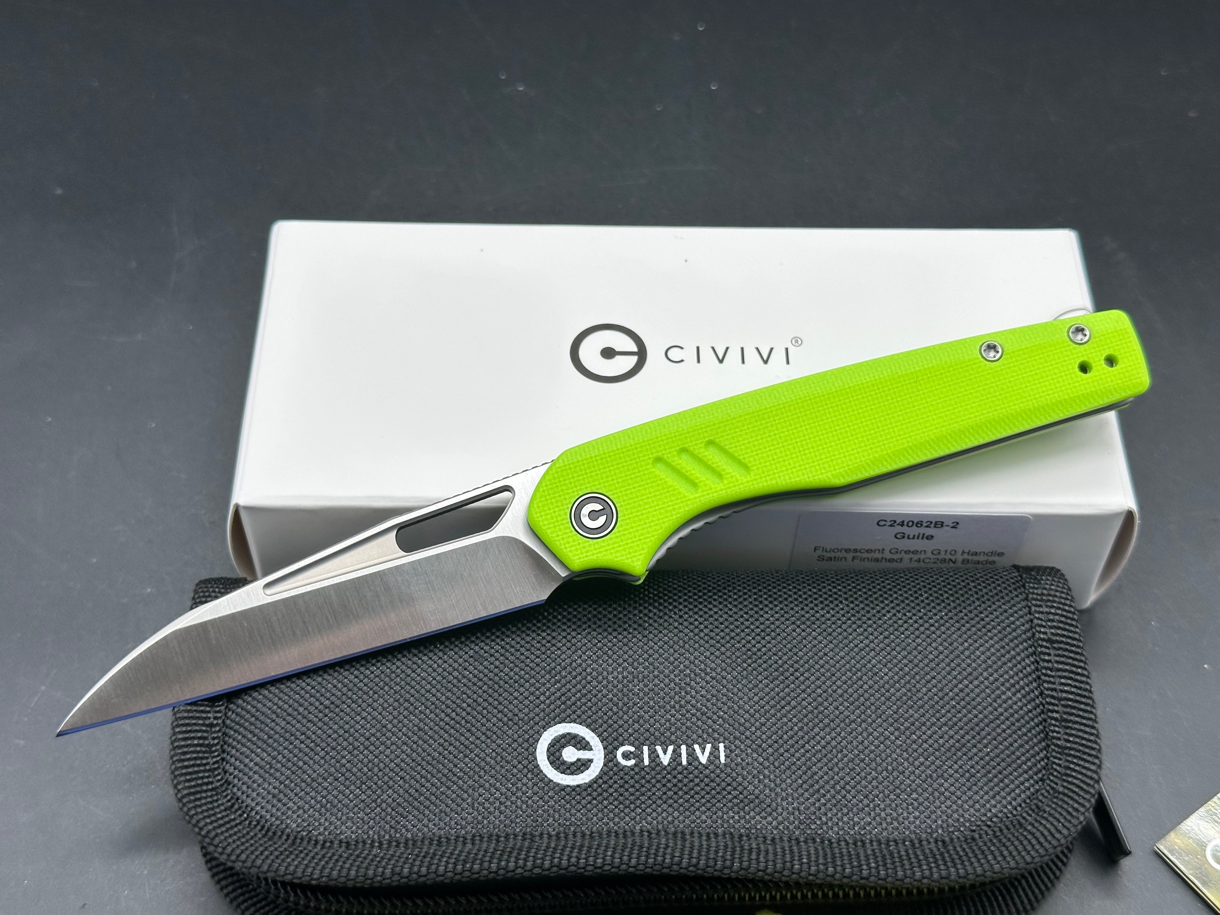 CIVIVI GUILE FLUORESCENT GREEN G10 HANDLE 14C28N PLAIN EDGE SATIN FINISH