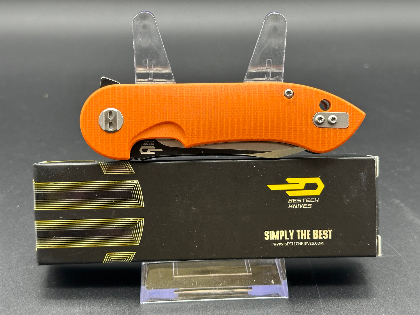 BESTECH TORPEDO FOLDER KNIFE ORANGE G-10 HANDLE BLACK STONEWASH & SATIN BLADE