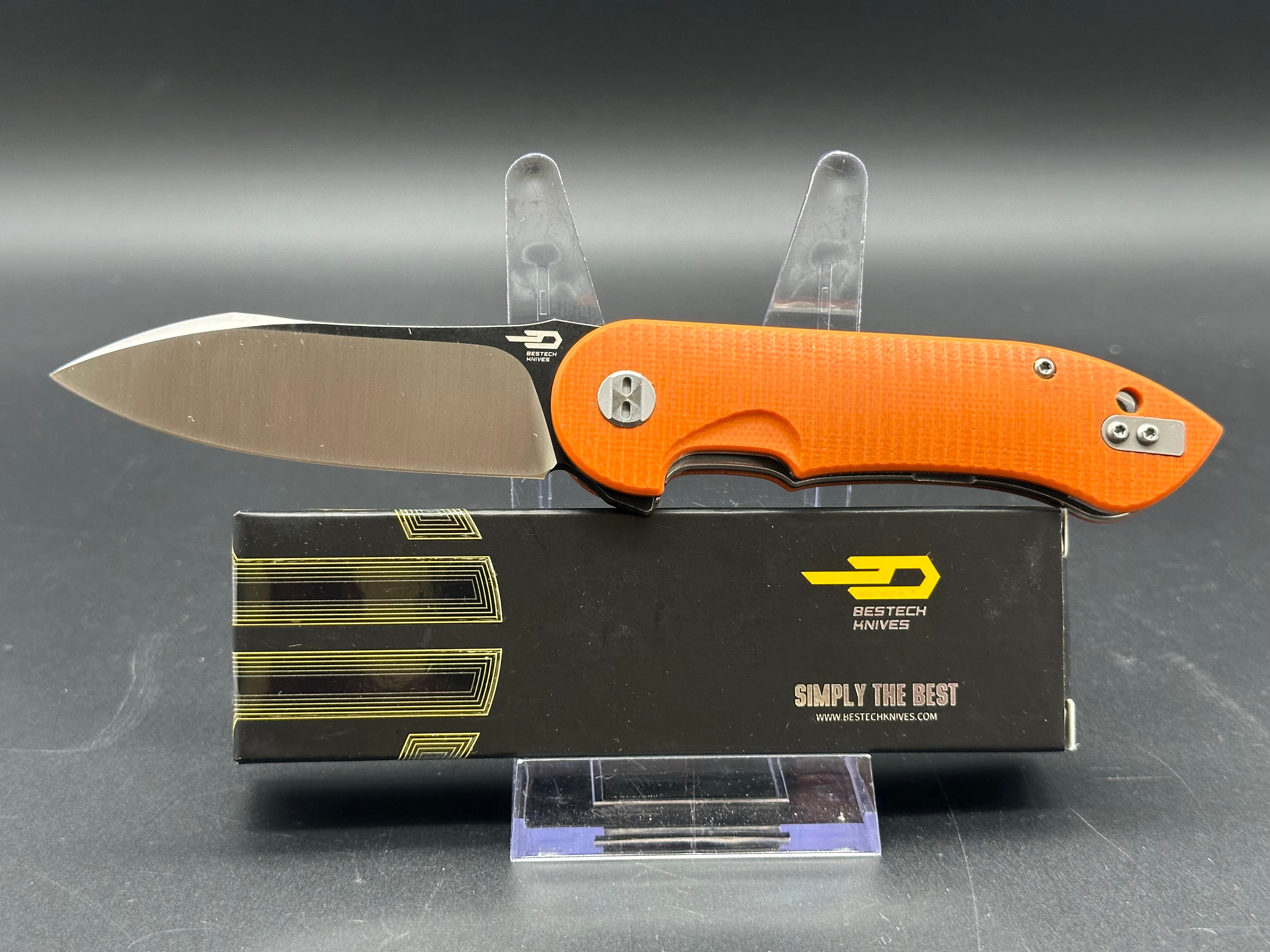 BESTECH TORPEDO FOLDER KNIFE ORANGE G-10 HANDLE BLACK STONEWASH & SATIN BLADE