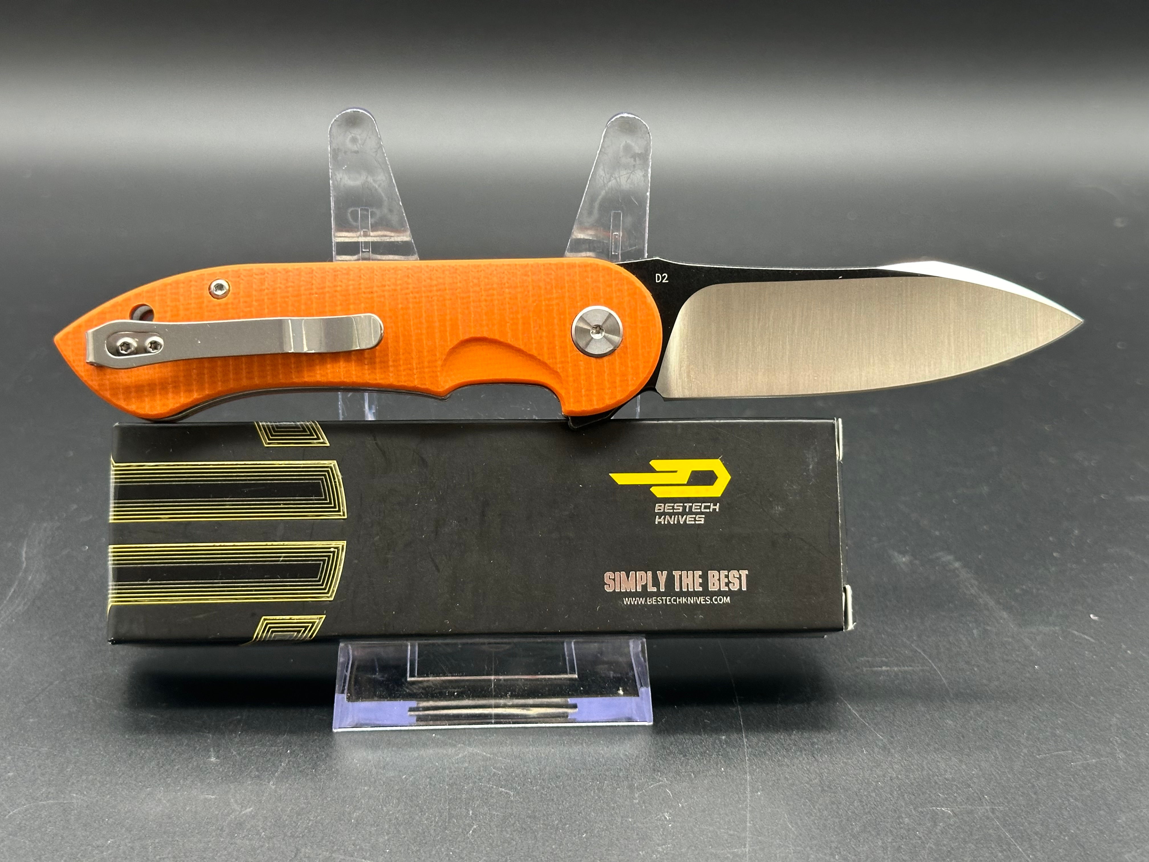 BESTECH TORPEDO FOLDER KNIFE ORANGE G-10 HANDLE BLACK STONEWASH & SATIN BLADE