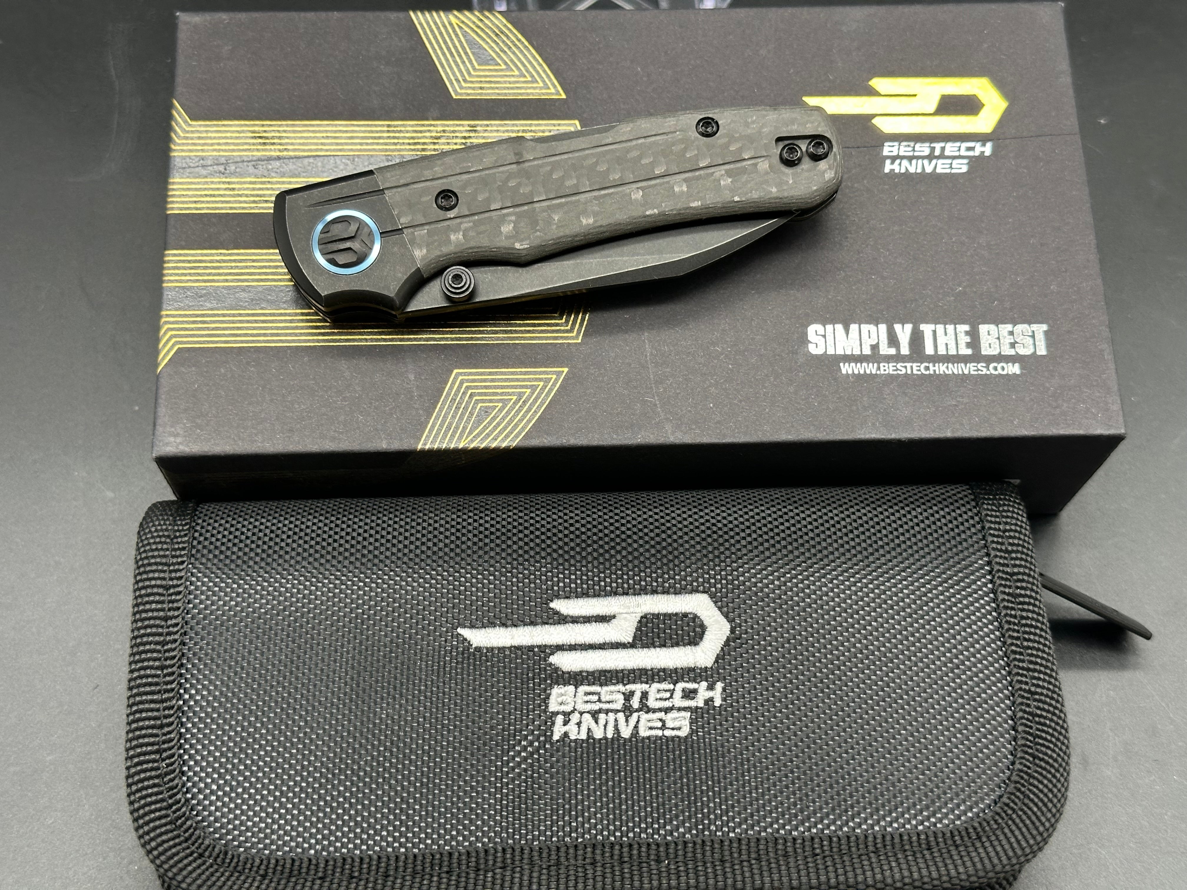 BESTECH TONIC BLACK TITANIUM/CARBON FIBER HANDLE M390 BLACK STONEWASH FINISH