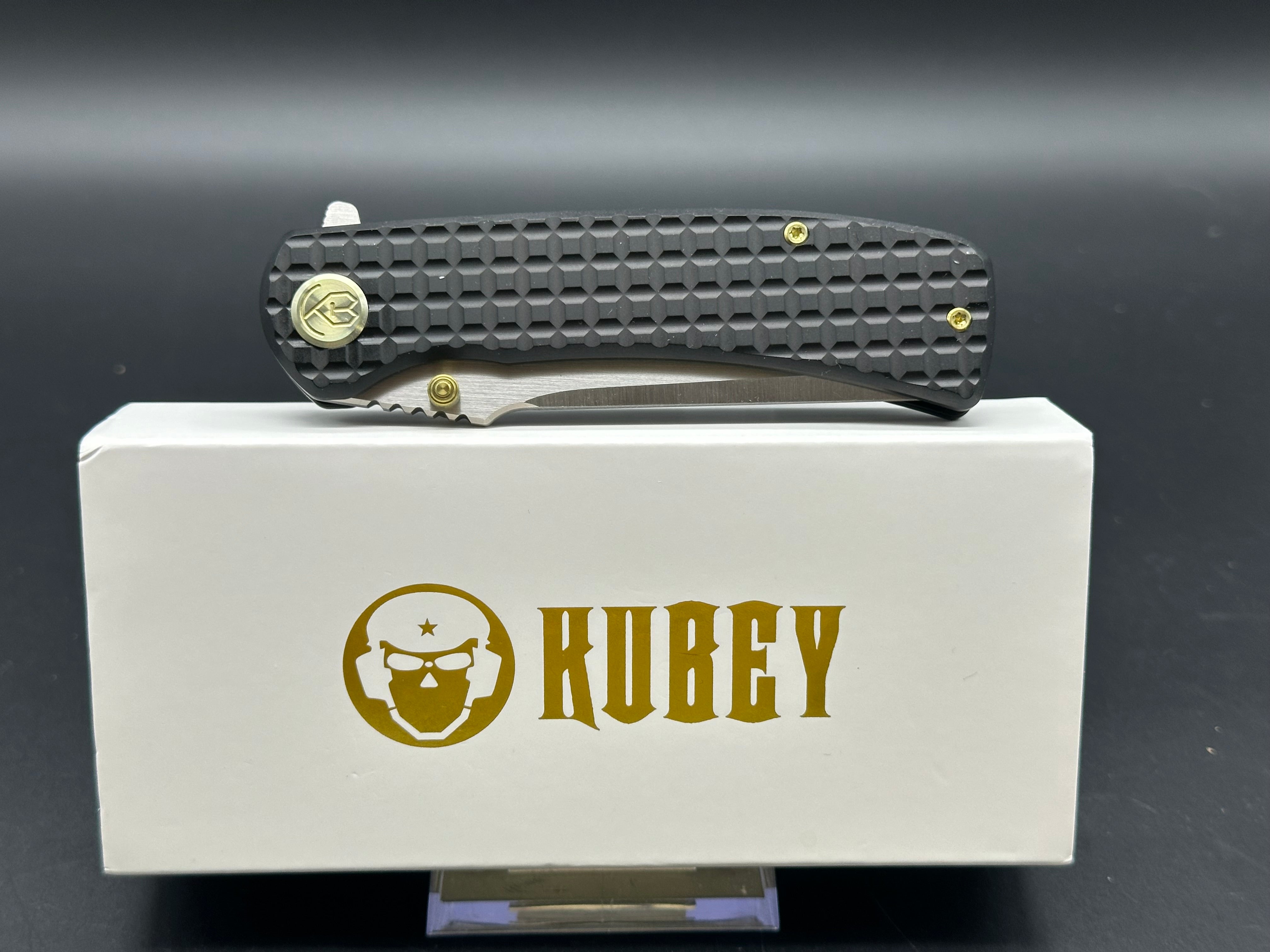 KUBEY INTERFLOW FOLDING KNIFE BLACK TITANIUM HANDLE M390 PLAIN EDGE BELT SATIN