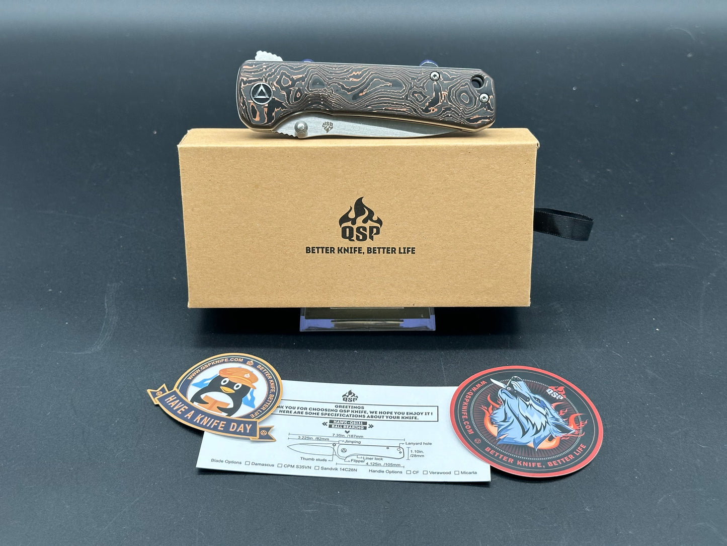 QSP HAWK FOLDING KNIFE BLACK COPPER FOIL/CARBON FIBER HANDLE S35VN PLAIN EDGE 2 TONE SATIN FINISH QS131-T