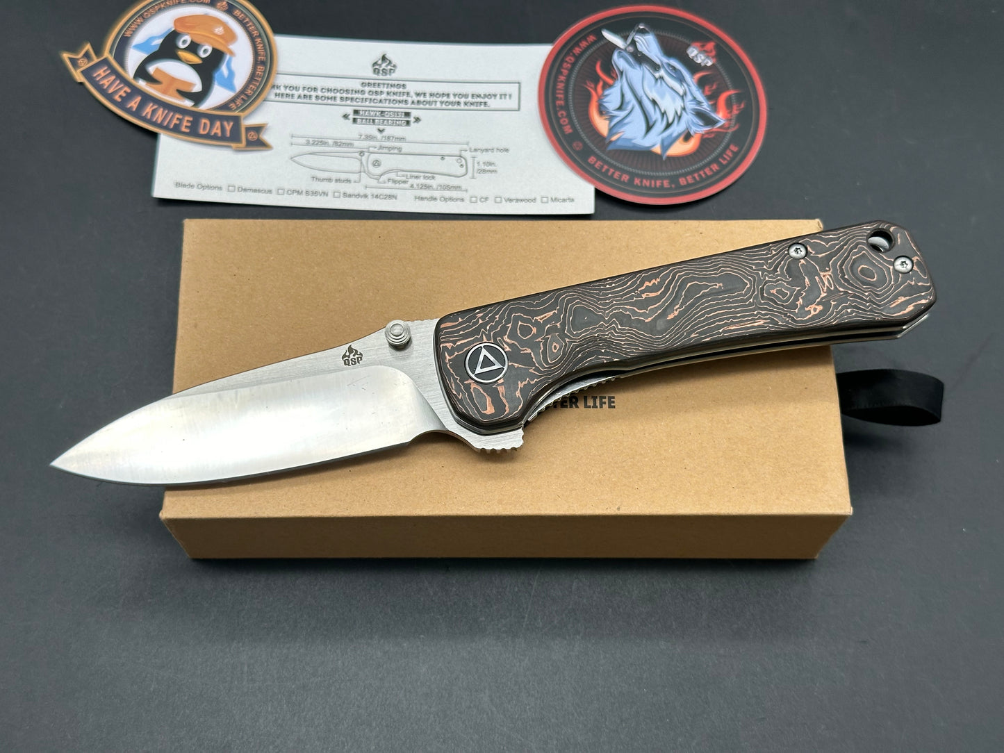 QSP HAWK FOLDING KNIFE BLACK COPPER FOIL/CARBON FIBER HANDLE S35VN PLAIN EDGE 2 TONE SATIN FINISH QS131-T