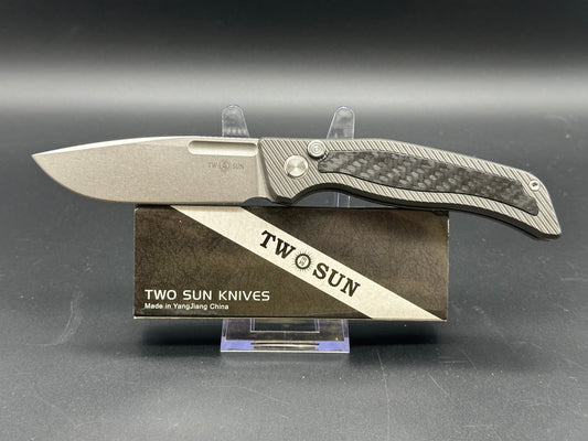 TWOSUN VANDAL TS329 BUTTON LOCK POCKET KNIFE TITANIUM HANDLE W/CARBON FIBER M390 BLADE