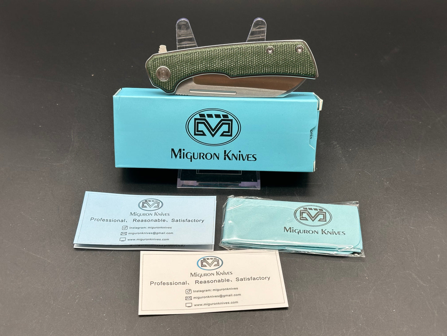 MIGURON KNIVES MALORY FLIPPER FOLDING KNIFE 3.5" SATIN 14C28N BLADE GREEN MICARTA HANDLE FOLDING KNIFE