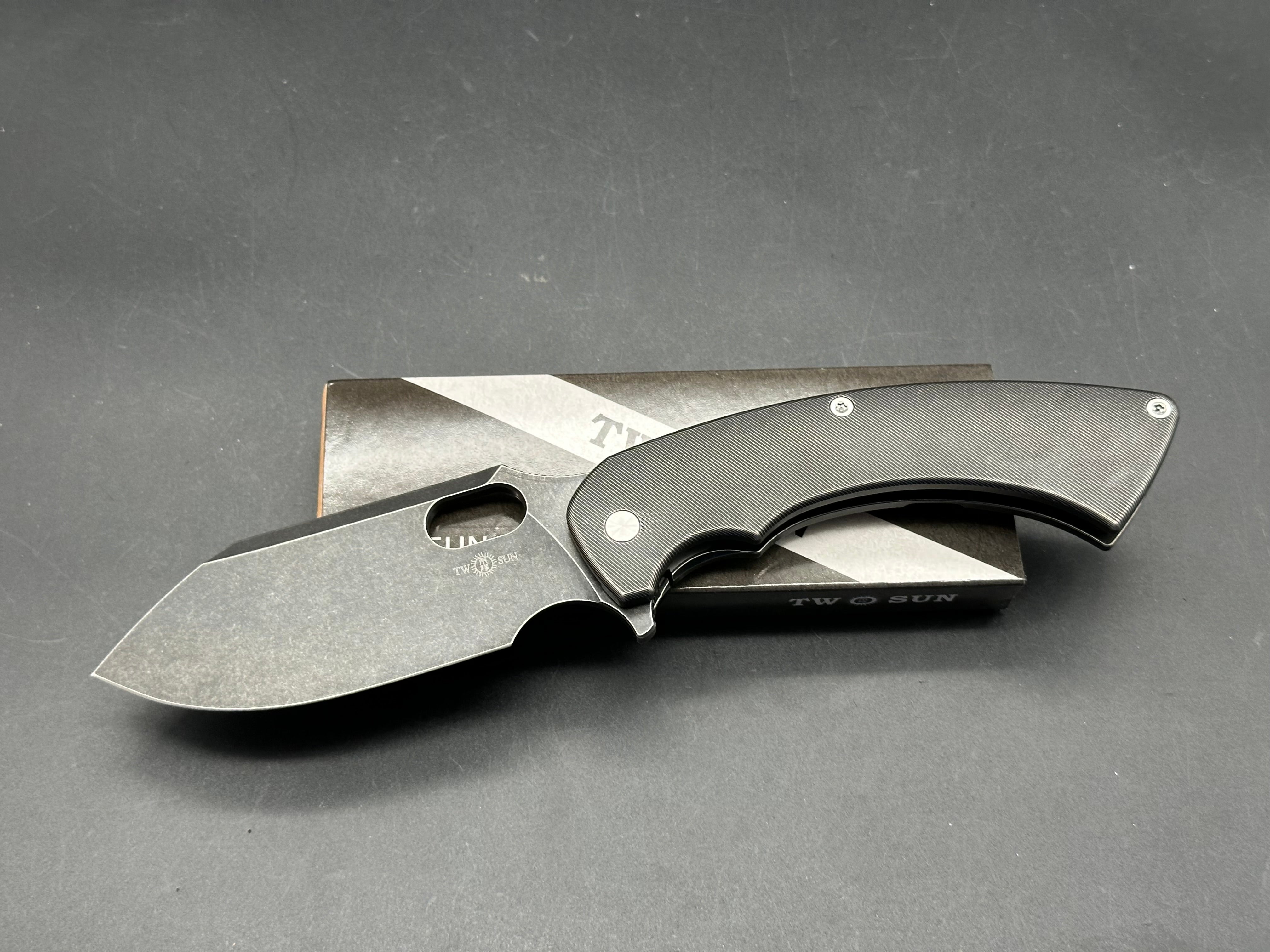 TWOSUN FOLDING KNIFE BLACK TITANIUM HANDLE 14C28N PLAIN EDGE TS459-BLACK