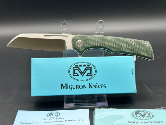 MIGURON KNIVES MALORY FLIPPER FOLDING KNIFE 3.5" SATIN 14C28N BLADE GREEN MICARTA HANDLE FOLDING KNIFE