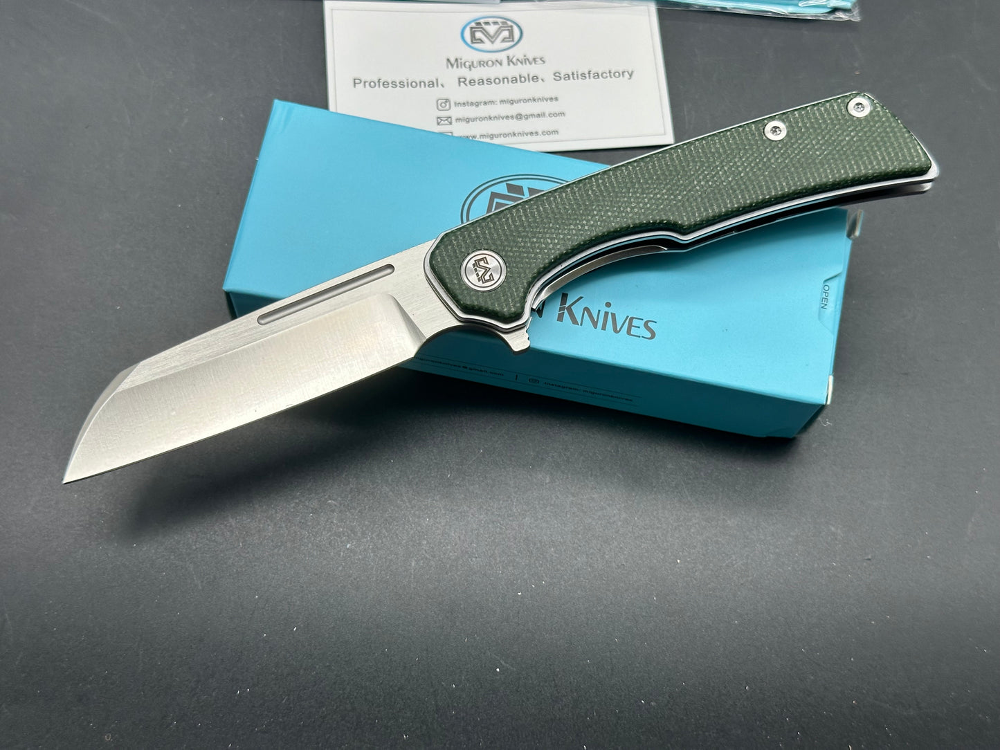 MIGURON KNIVES MALORY FLIPPER FOLDING KNIFE 3.5" SATIN 14C28N BLADE GREEN MICARTA HANDLE FOLDING KNIFE