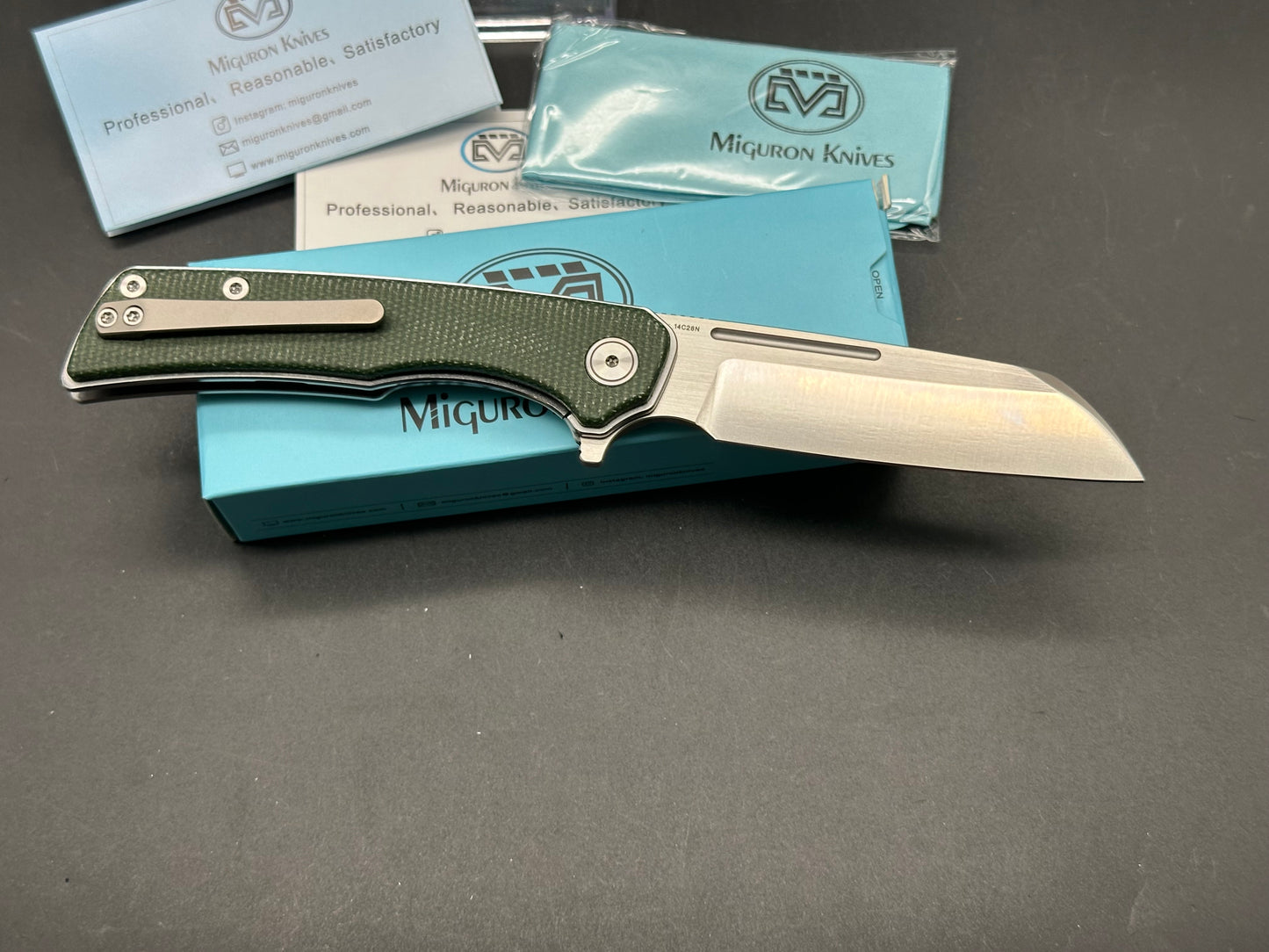 MIGURON KNIVES MALORY FLIPPER FOLDING KNIFE 3.5" SATIN 14C28N BLADE GREEN MICARTA HANDLE FOLDING KNIFE