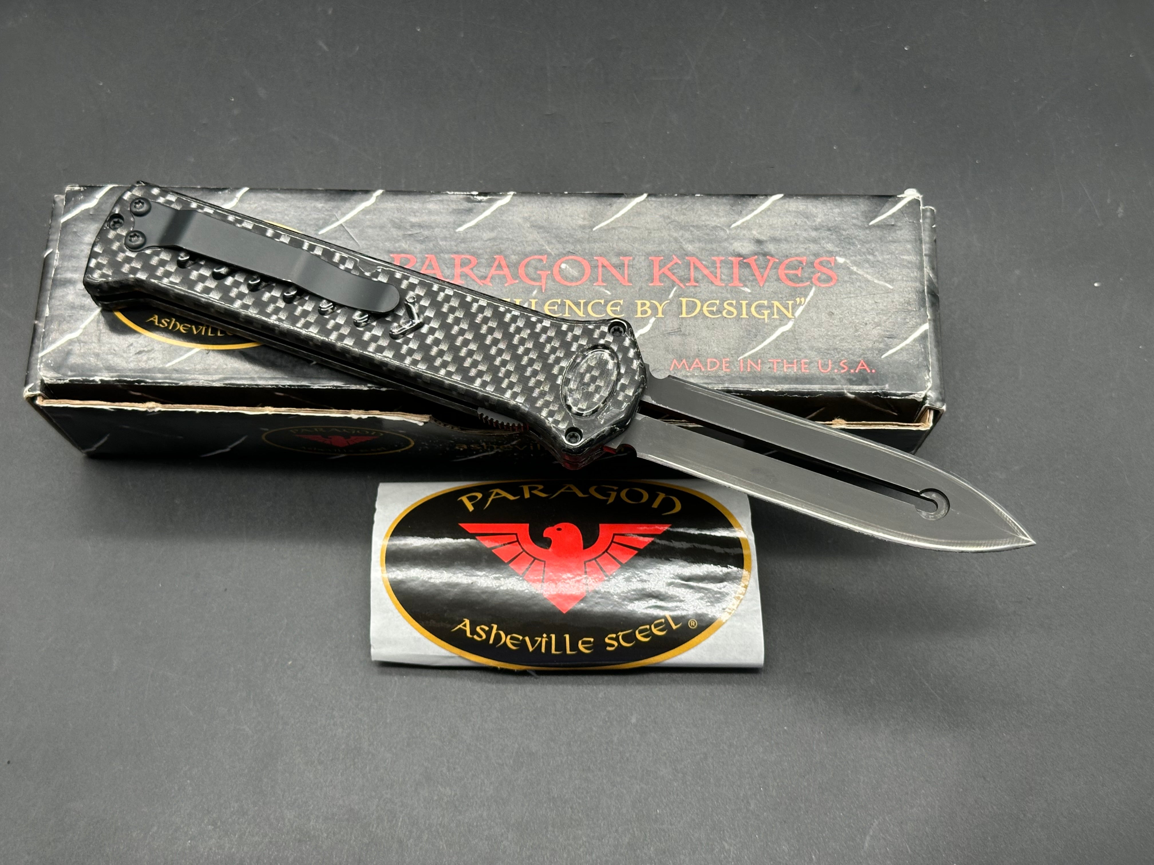 Paragon Para X Automatic OTF Knife Black Aluminum Black and Silver Carbon Fiber
