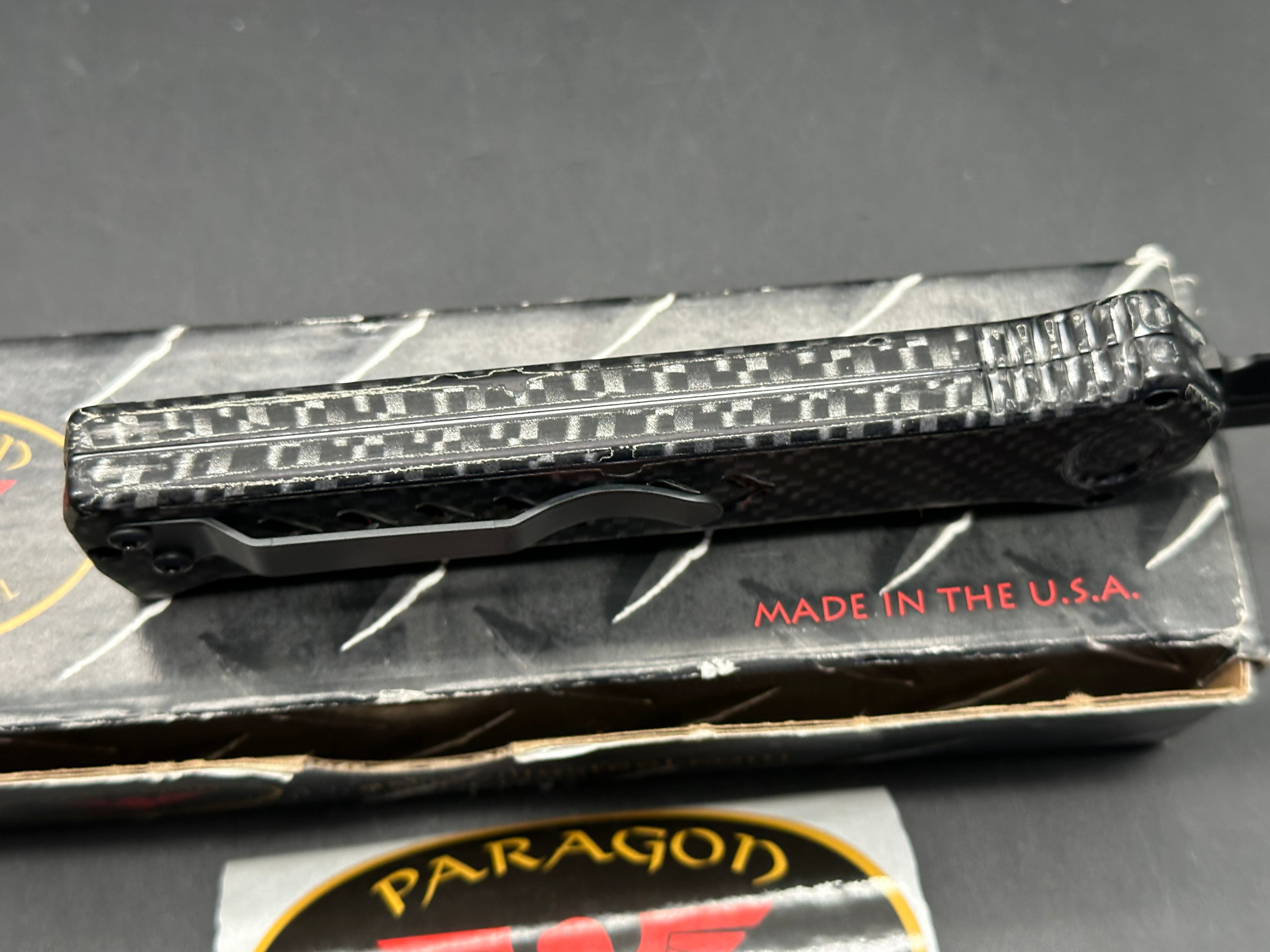Paragon Para X Automatic OTF Knife Black Aluminum Black and Silver Carbon Fiber