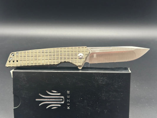 Kizer Lan Liner Lock (3.4" Satin N690 blade) Green Micarta frag-pattern scales