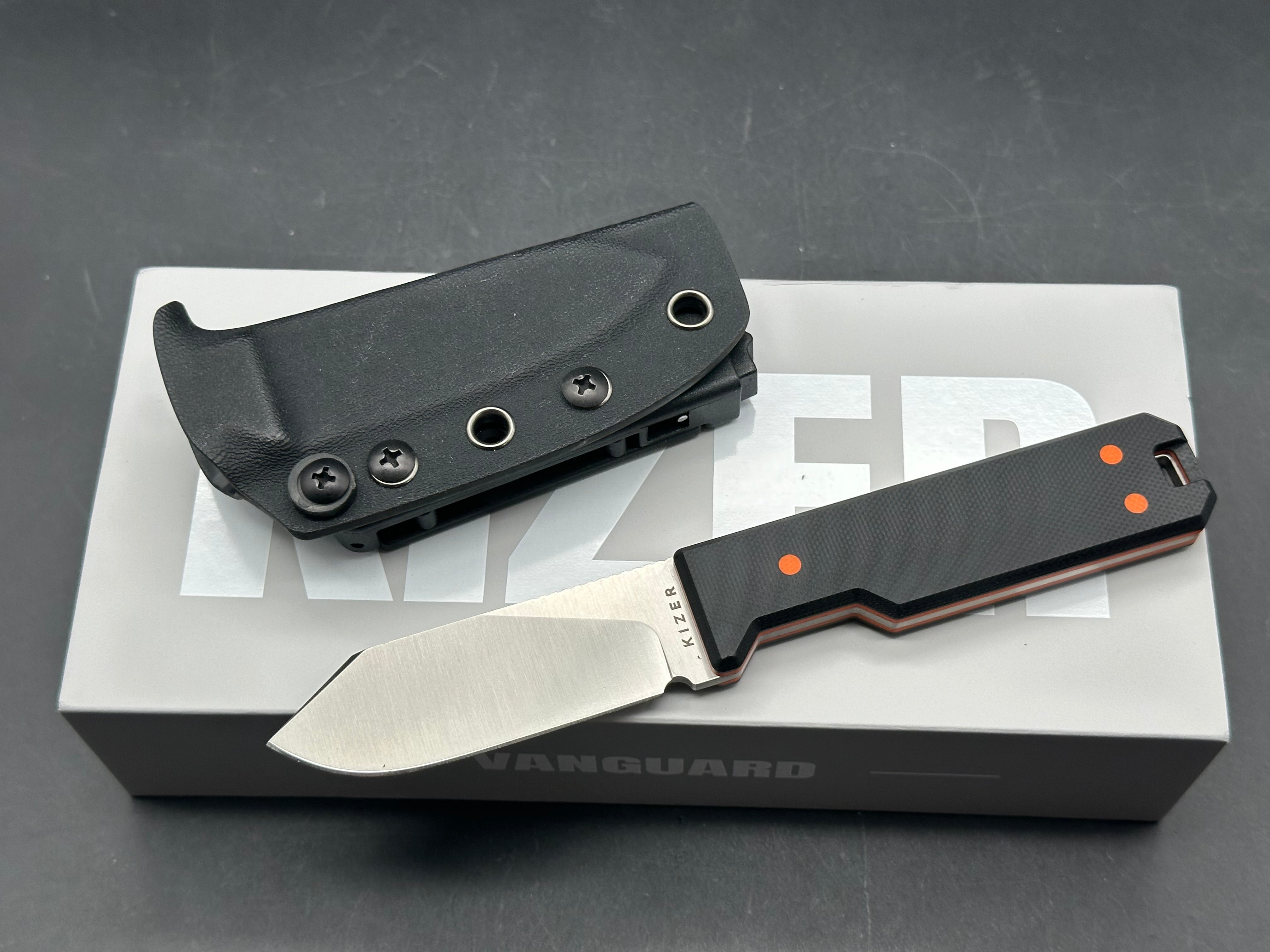 KIZER ABRAMS FIXED BLADE KNIFE BLACK/ORANGE G10 HANDLE 14C28N SPEY POINT