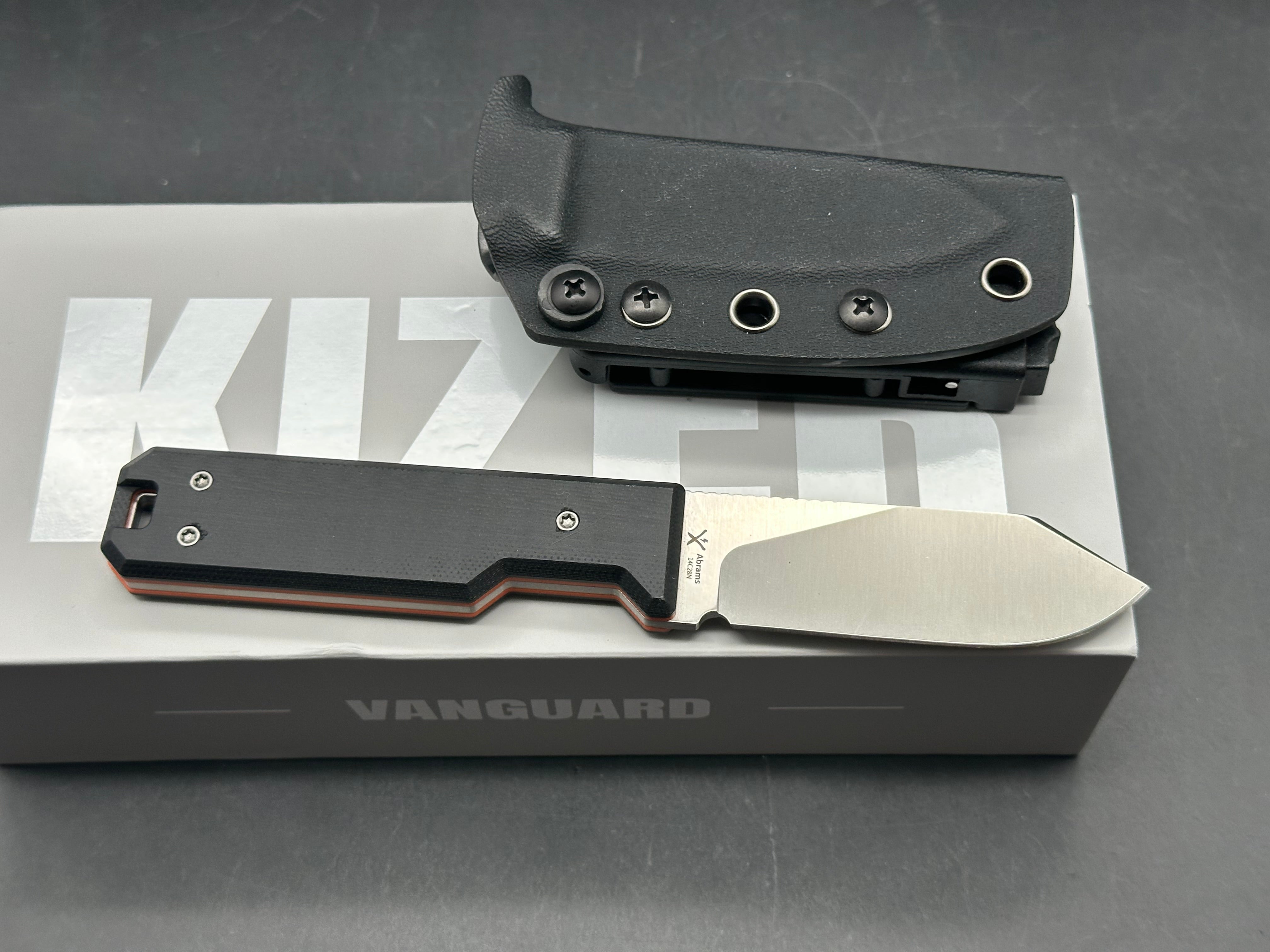 KIZER ABRAMS FIXED BLADE KNIFE BLACK/ORANGE G10 HANDLE 14C28N SPEY POINT