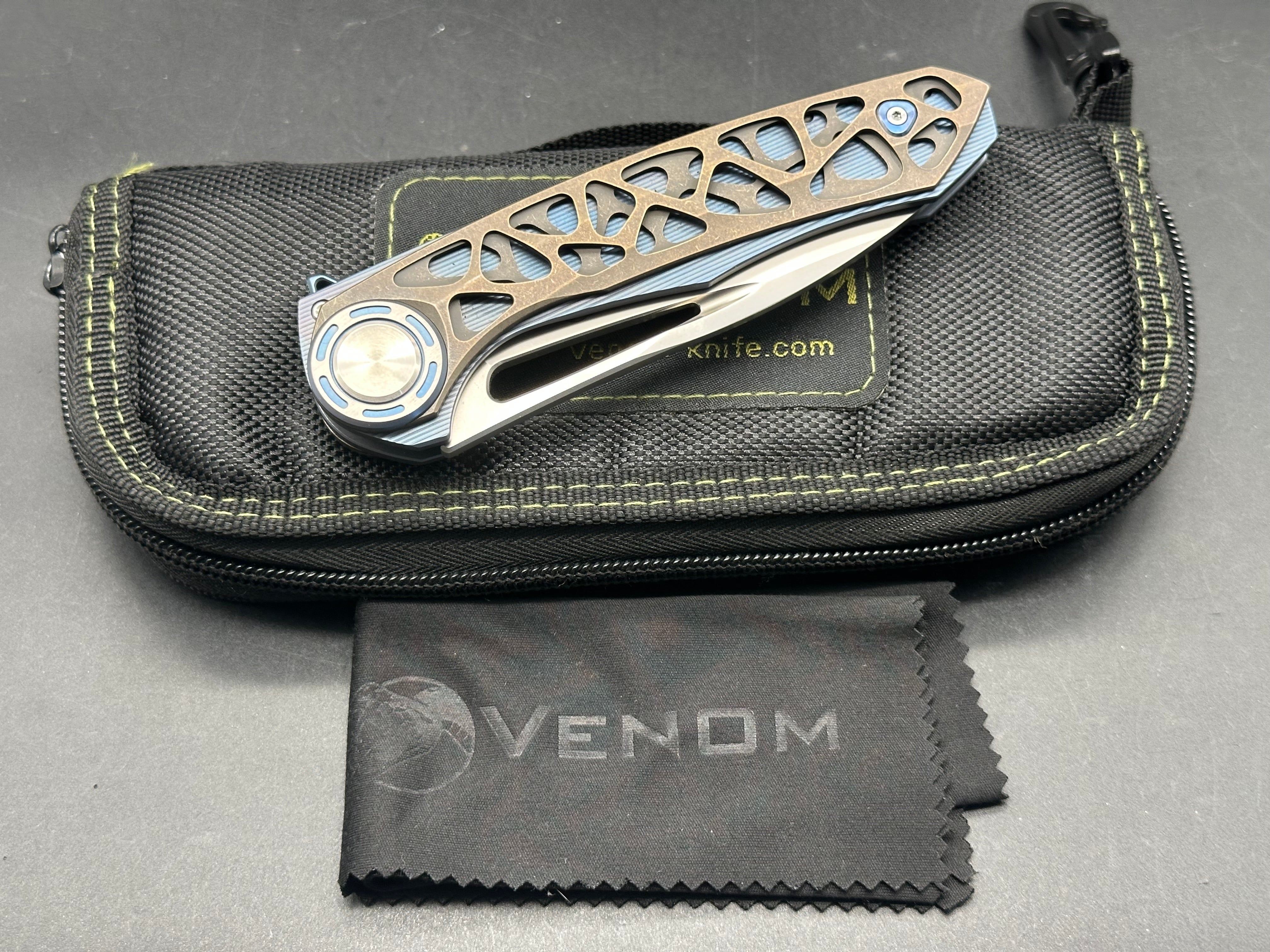 Venom + Kevin John - Harpoon/Blue Milled Ti Handle + Bronze Organic Design Ti Overlays/Drop Point/Satin Bohler M390