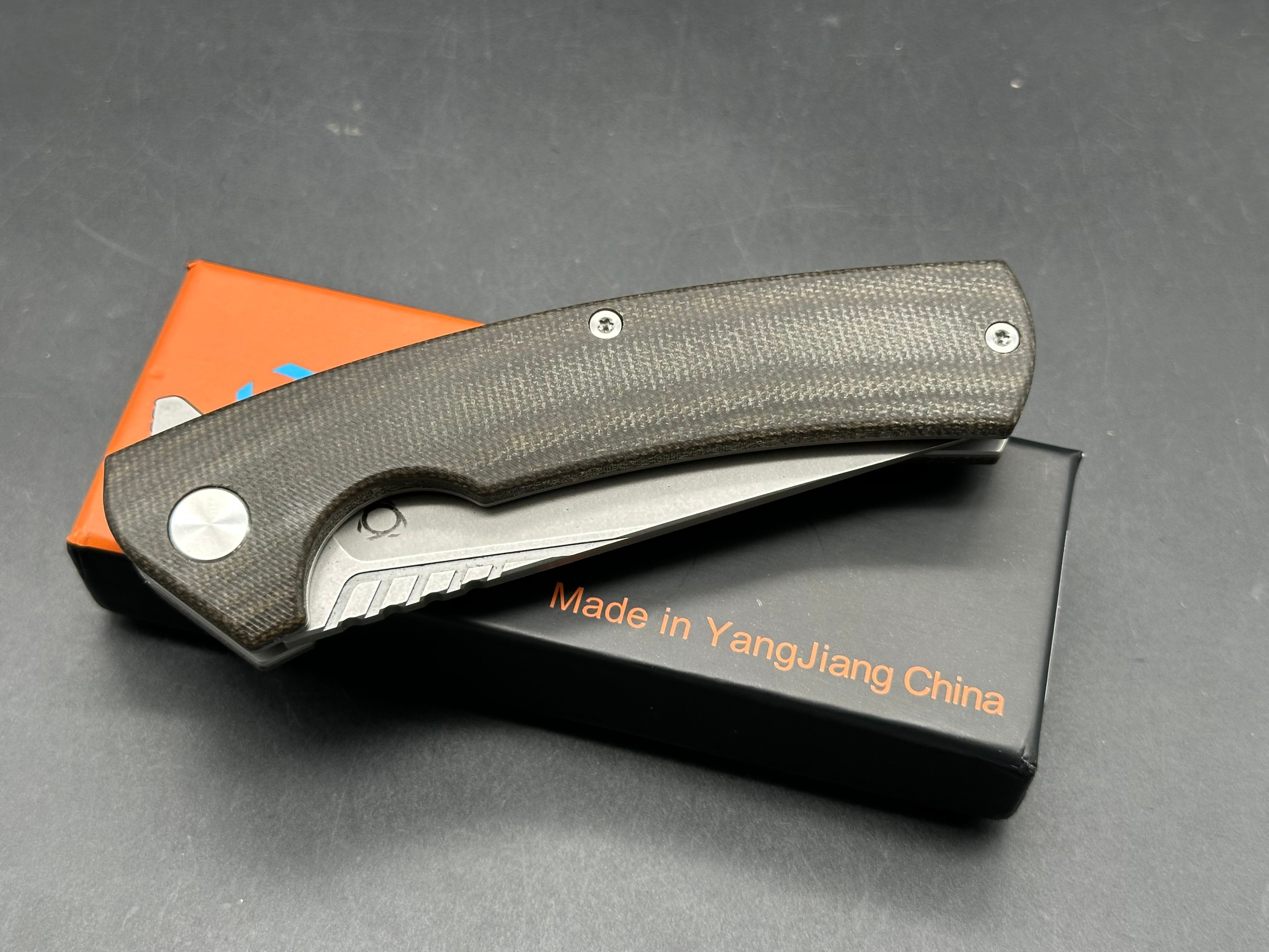 SIXLEAF FOLDING KNIFE BLACK LINEN MICARTA HANDLE D2 PLAIN EDGE SL-08-MICARTA