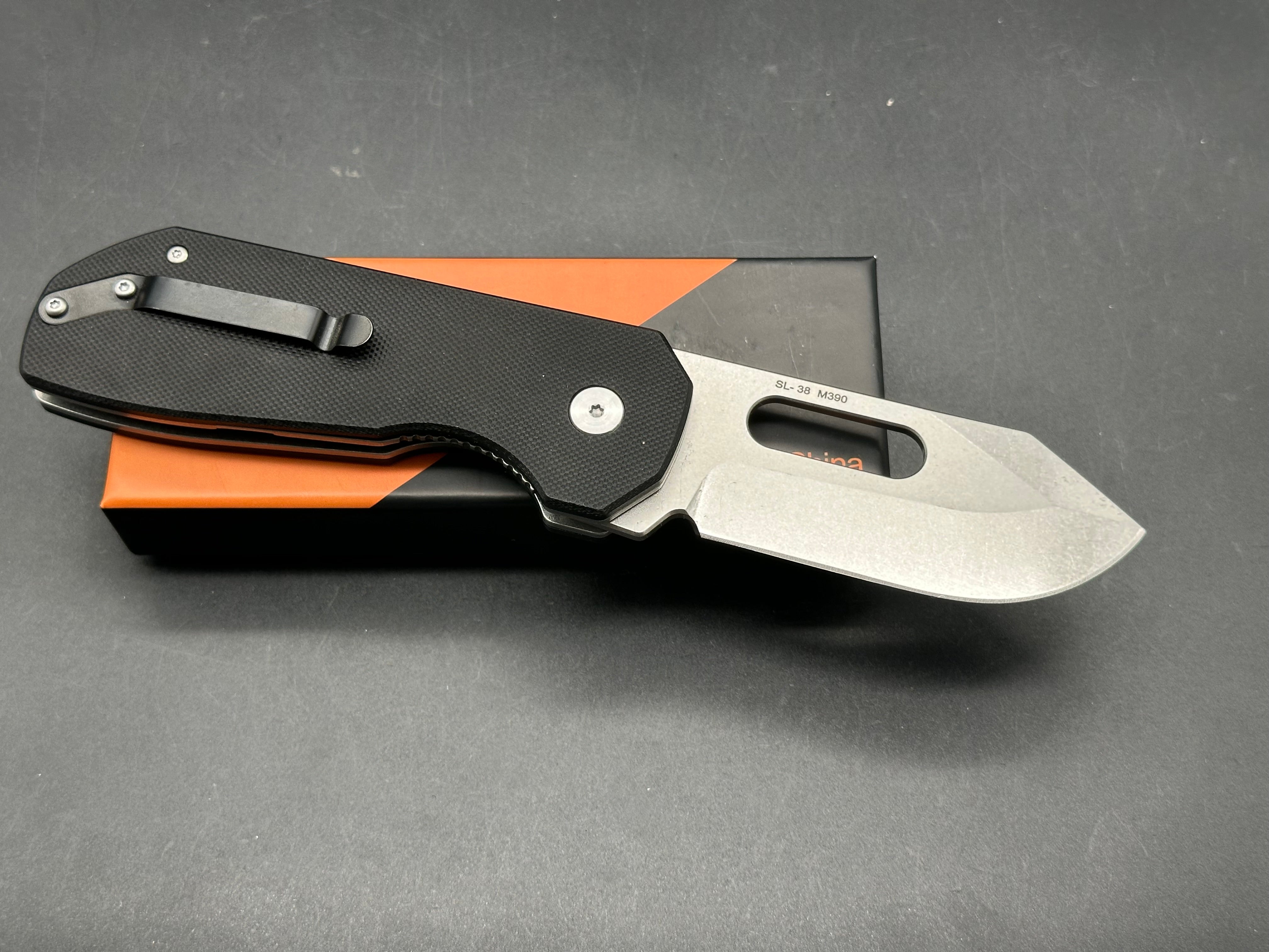 SIXLEAF SL-38 FOLDING KNIFE BLACK G10 HANDLE M390 PLAIN EDGE STONEWASH FINISH