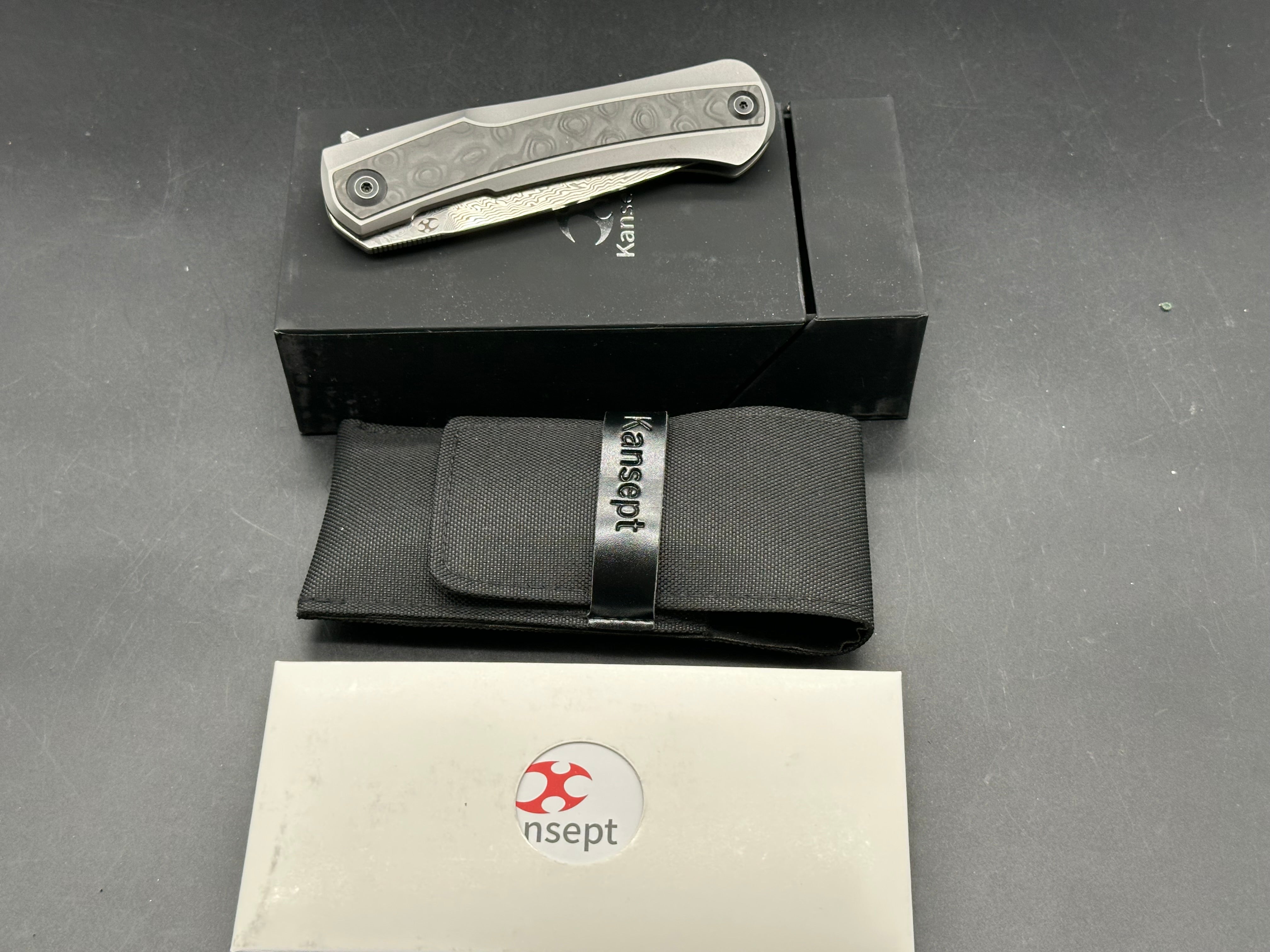 Kansept Knives Kratos Frame Lock Knife Carbon Fiber/Ti (3.75" Damascus)