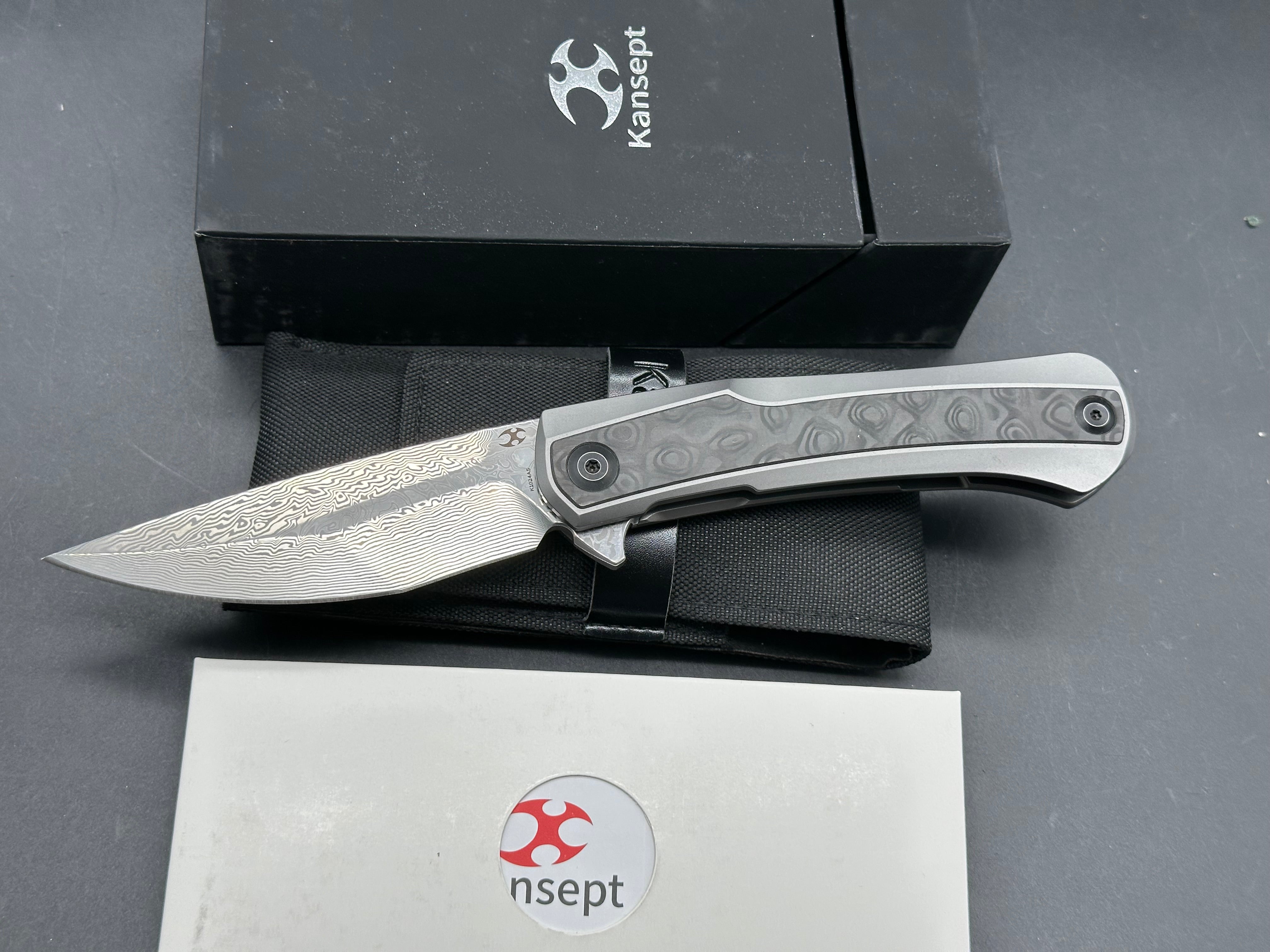 Kansept Knives Kratos Frame Lock Knife Carbon Fiber/Ti (3.75" Damascus)