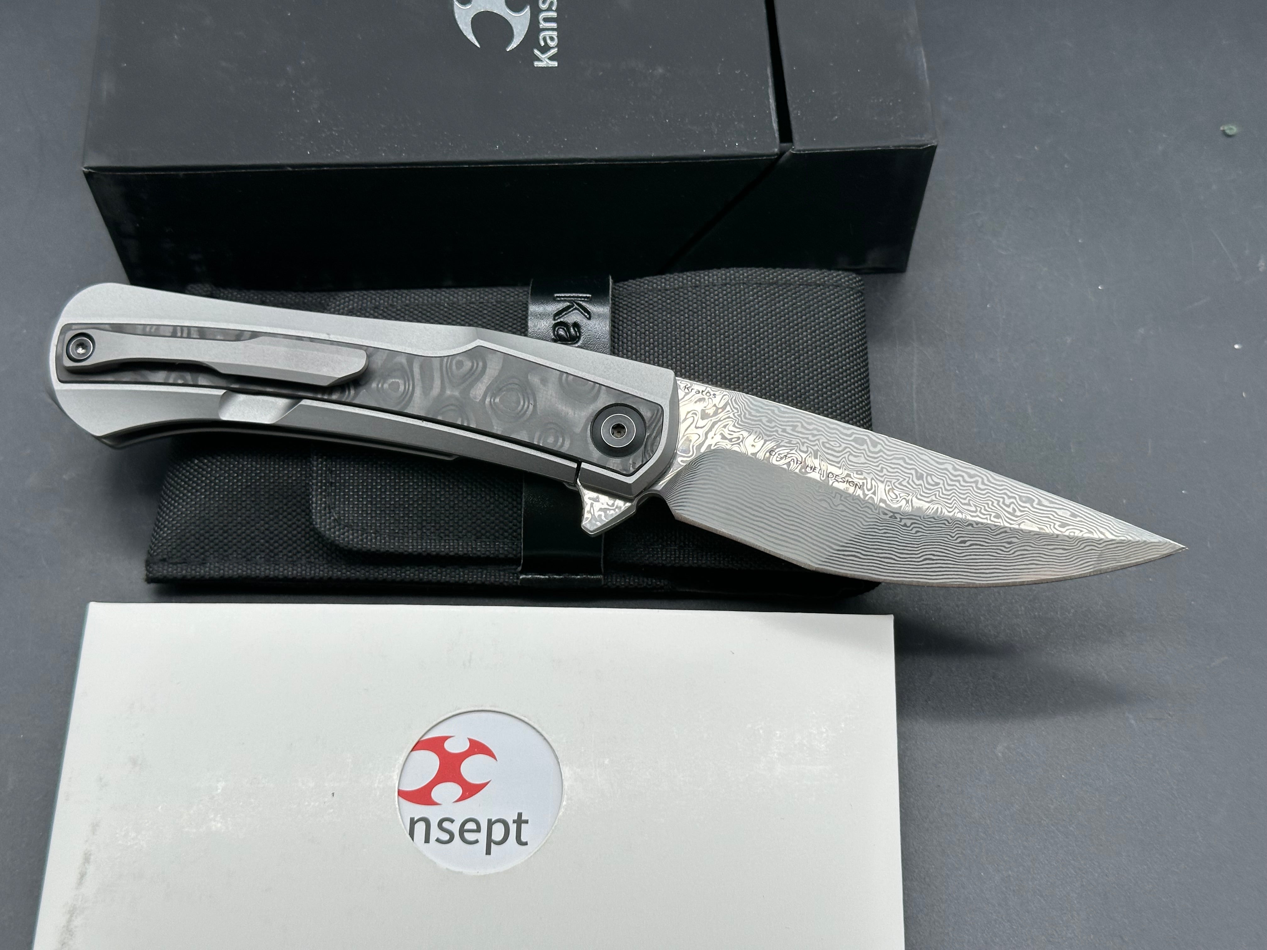 Kansept Knives Kratos Frame Lock Knife Carbon Fiber/Ti (3.75" Damascus)