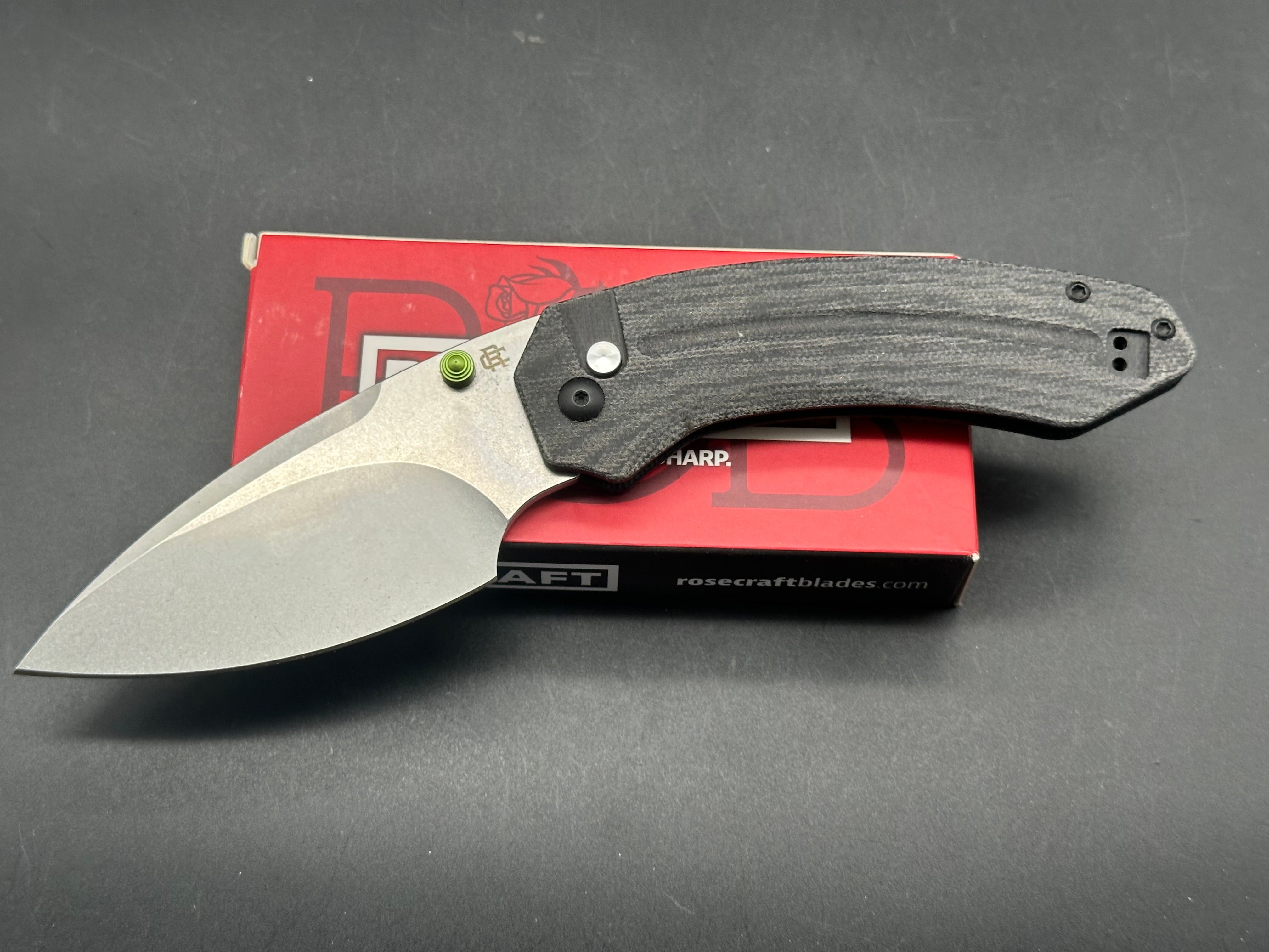 RoseCraft Blades Bowfin button lock micarta