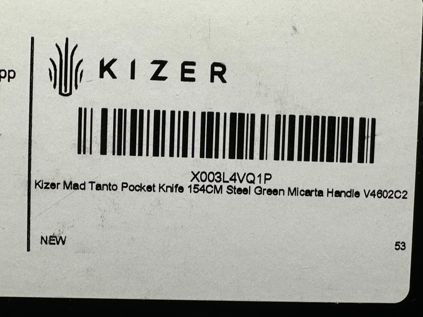 KIZER MAD BUTTON LOCK FOLDING KNIFE GREEN MICARTA HANDLE 154CM TANTO PLAIN EDGE STOEWASH FINISH