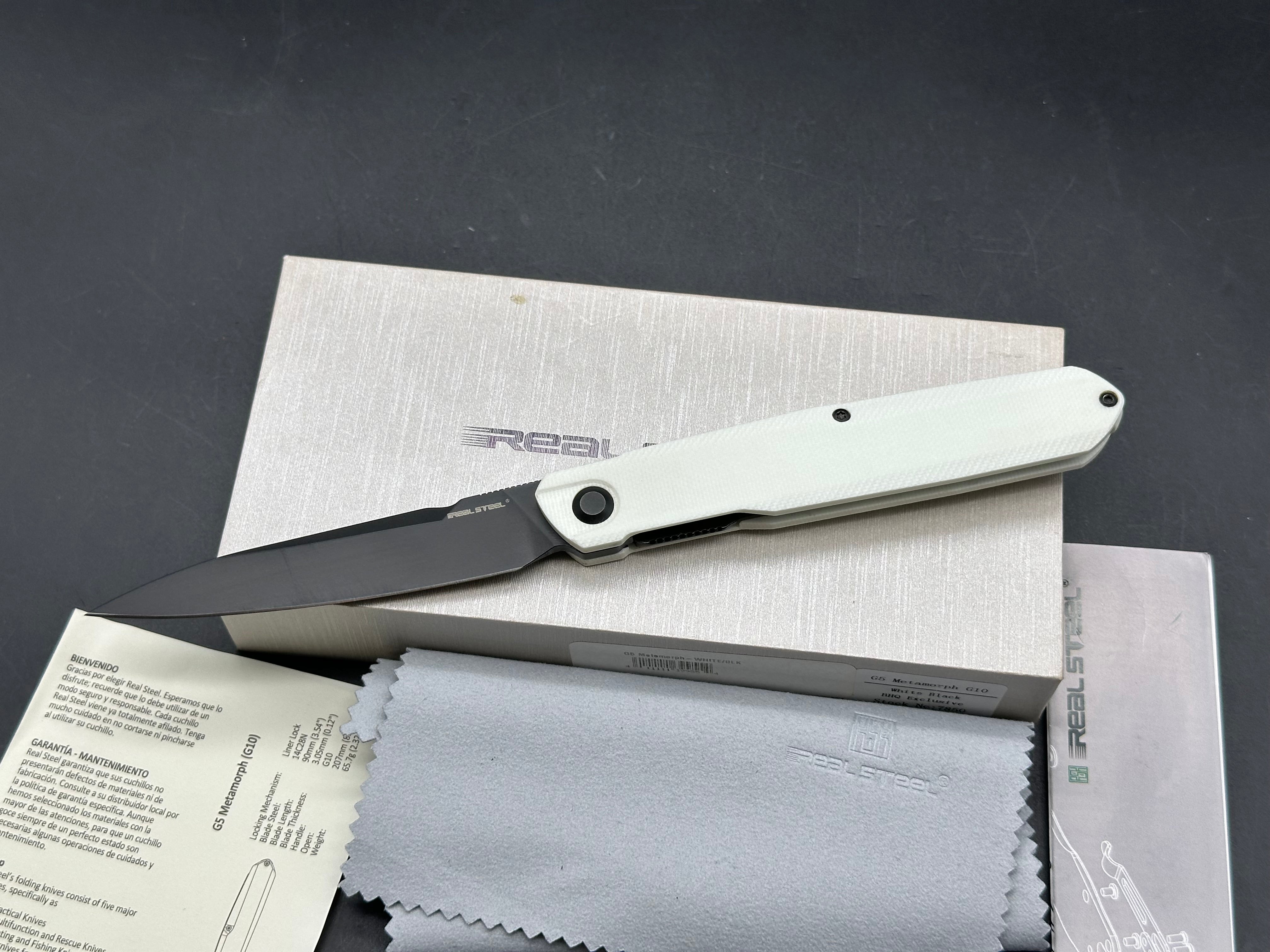 REAL STEEL G5 METAMORPH BUTTON LOCK FOLDING KNIFE OFF WHITE G10 HANDLE 14C28N PLAIN EDGE