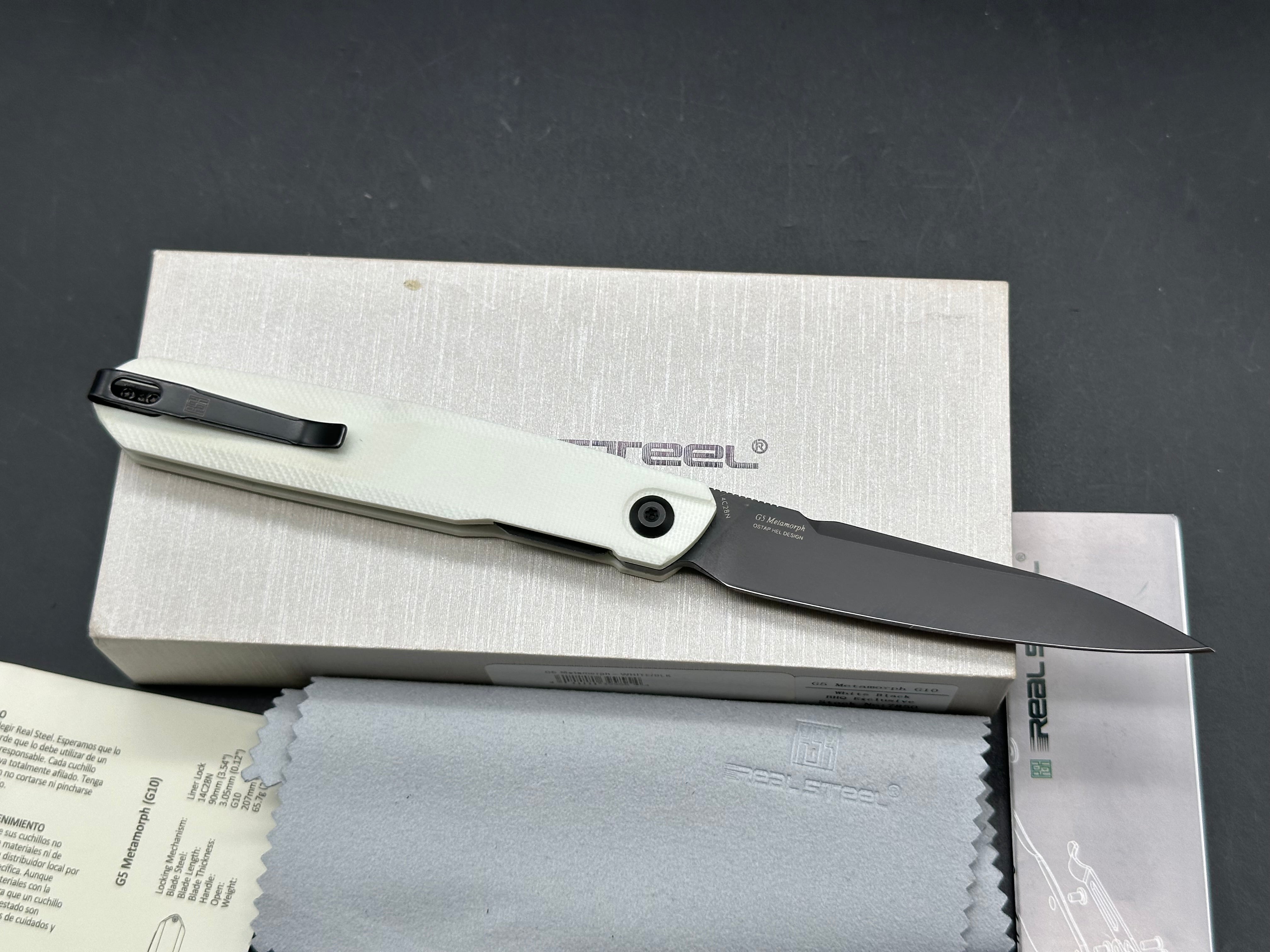 REAL STEEL G5 METAMORPH BUTTON LOCK FOLDING KNIFE OFF WHITE G10 HANDLE 14C28N PLAIN EDGE
