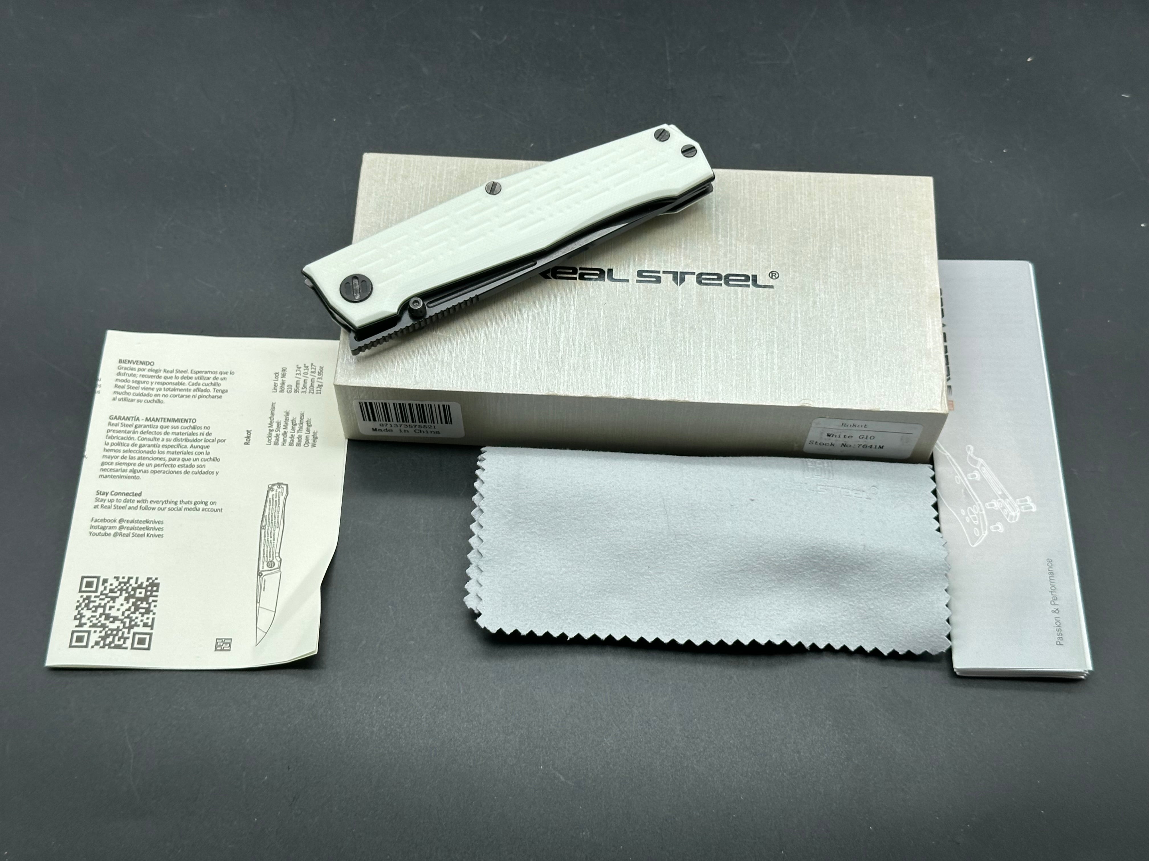 Real Steel Rokot Liner Lock Knife White G-10 (3.6" Black N690)