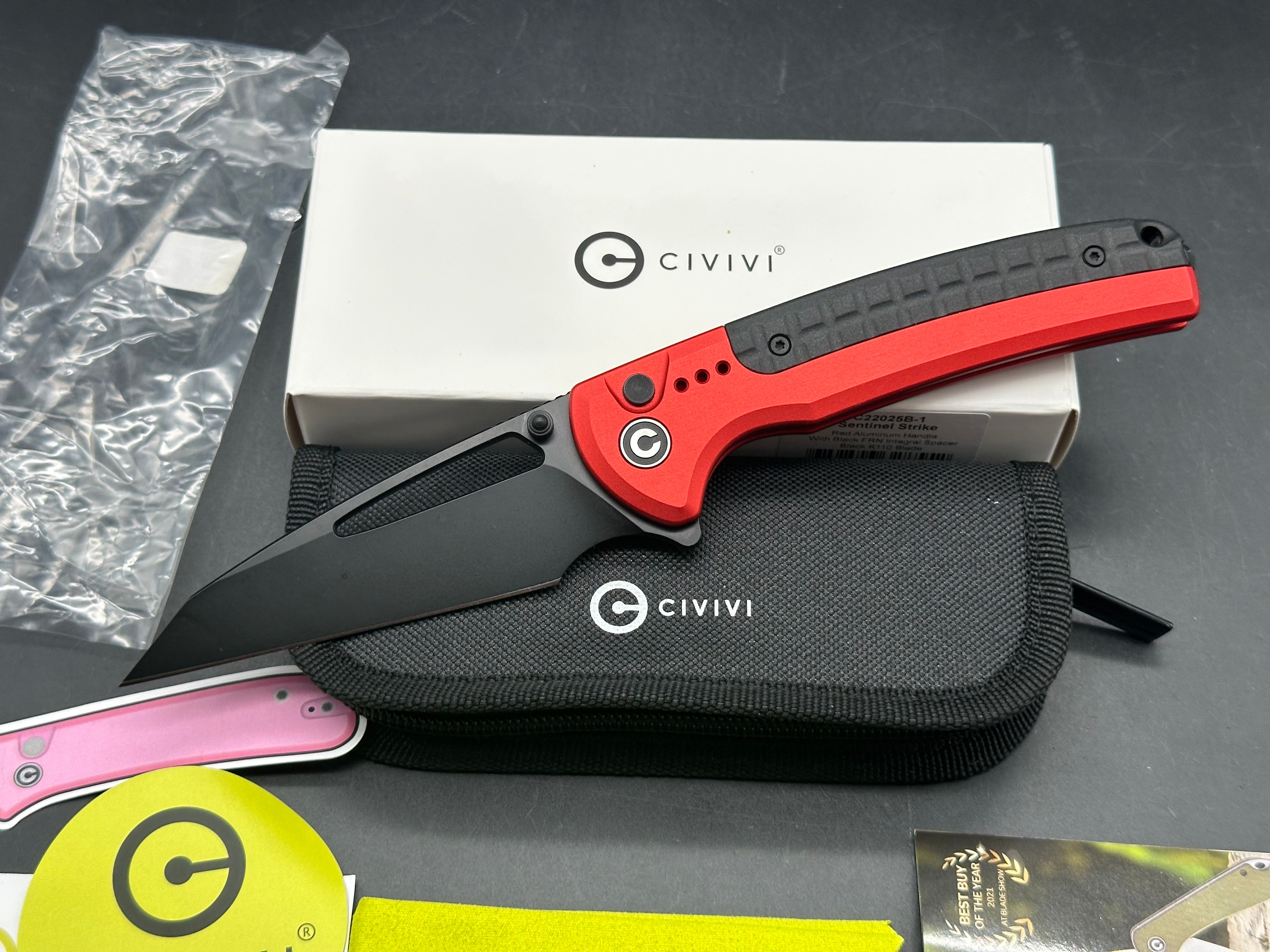 CIVIVI Sentinel Strike Button Lock Knife Red Alum (3.7" Black)