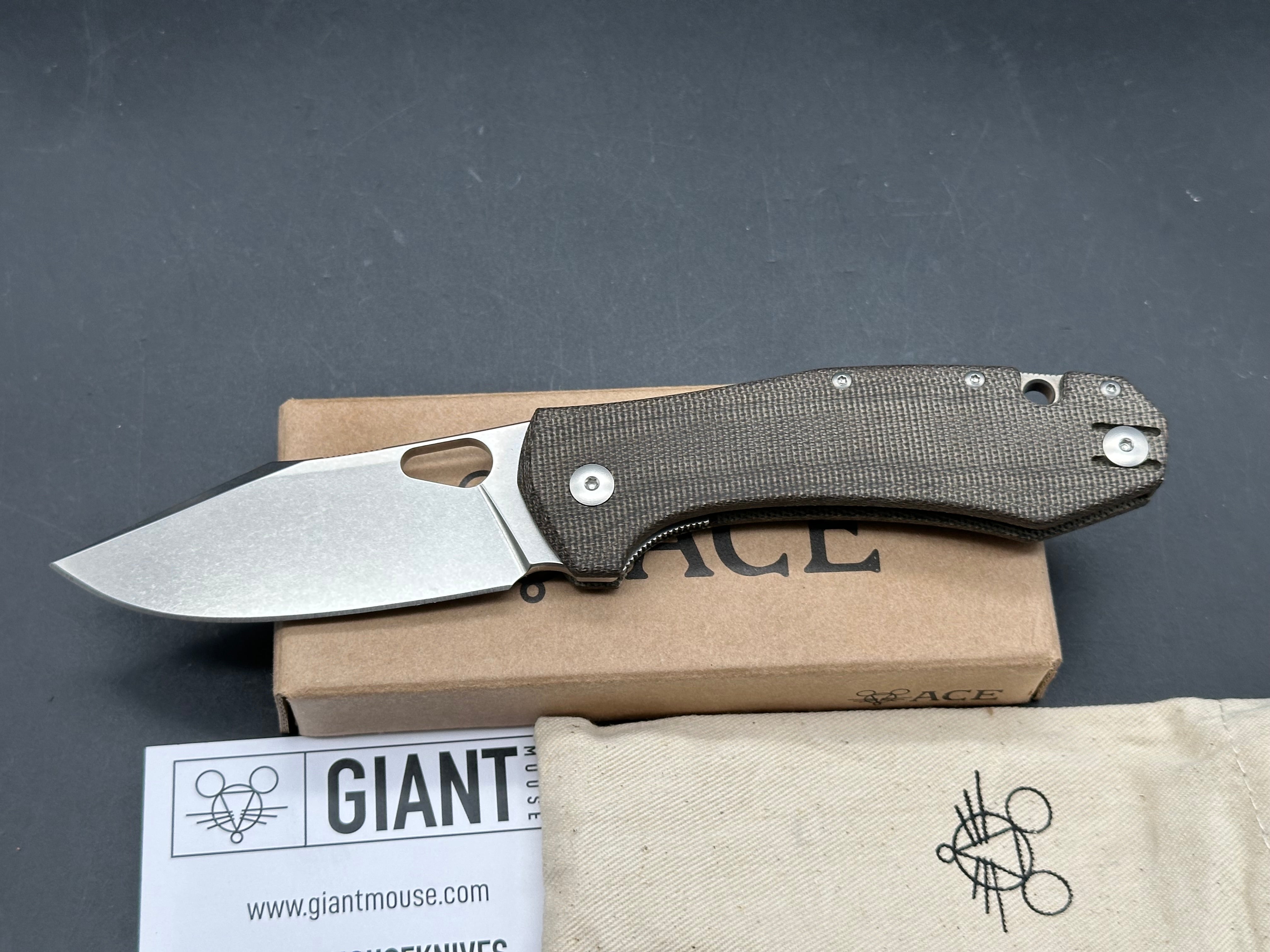 GiantMouse Ace Grand 3.3125" Elmax Stonewash Blade with Green Canvas Micarta Scales