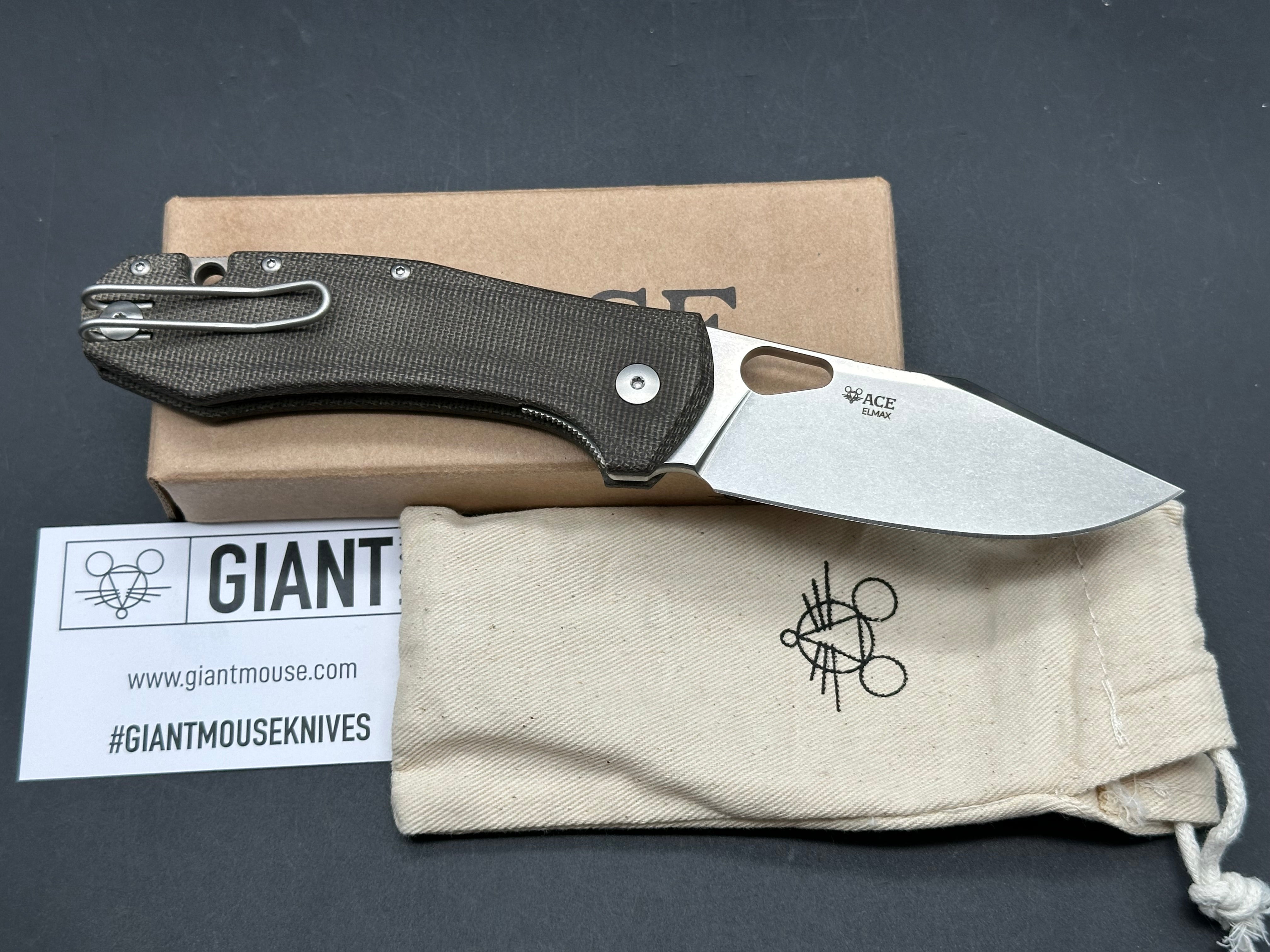 GiantMouse Ace Grand 3.3125" Elmax Stonewash Blade with Green Canvas Micarta Scales