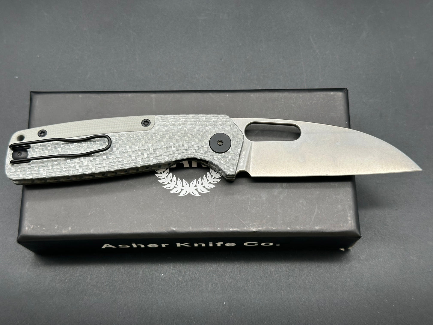 Asher Spiro Silver SS, 3.2" S90V Blade with SIlver Twill Carbon Fiber and G10 Spacer Handle