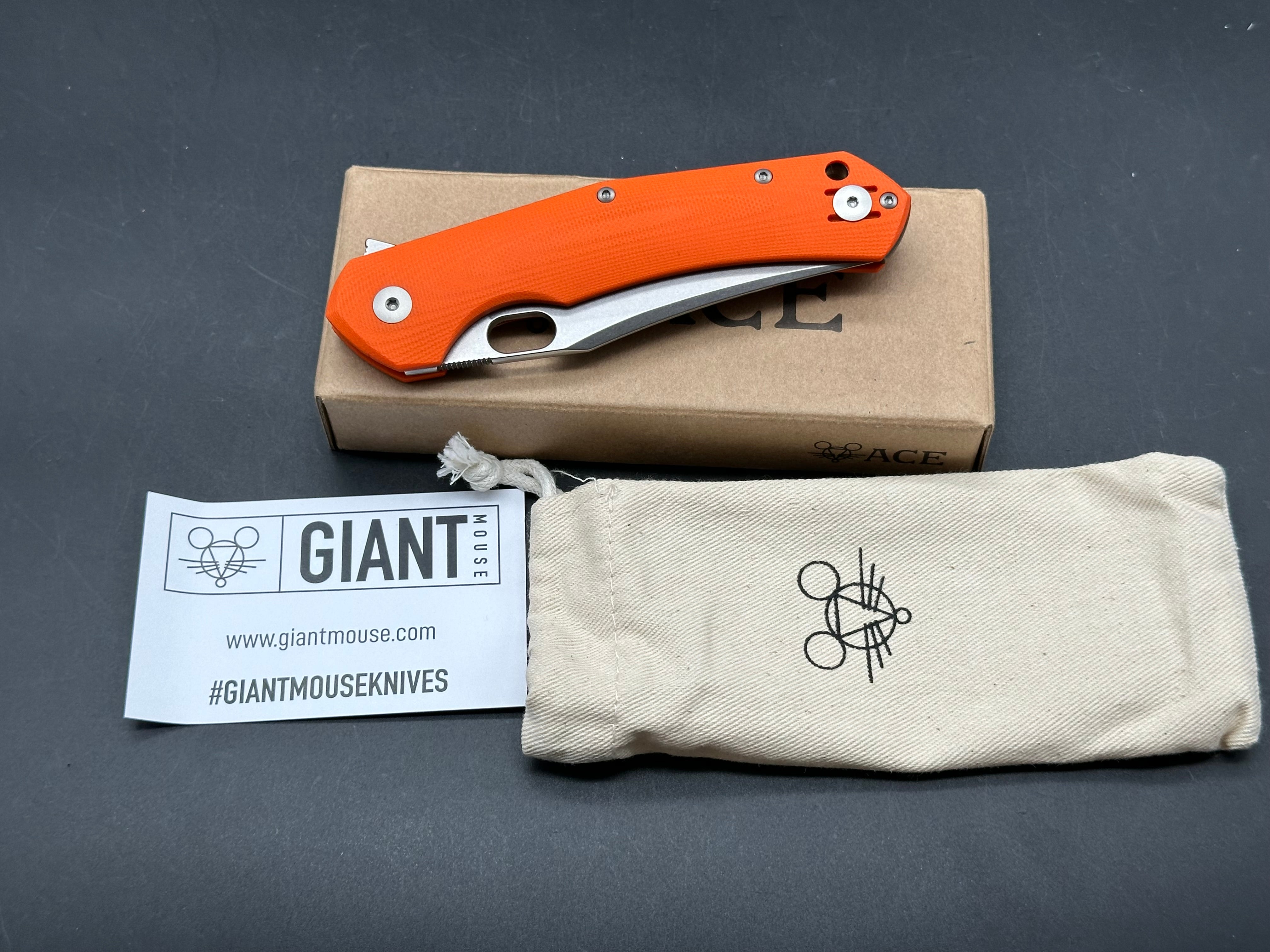 GiantMouse Ace Jutland 3.35" Elmax SuperClean Stonewash Blade with Orange G10 Scales