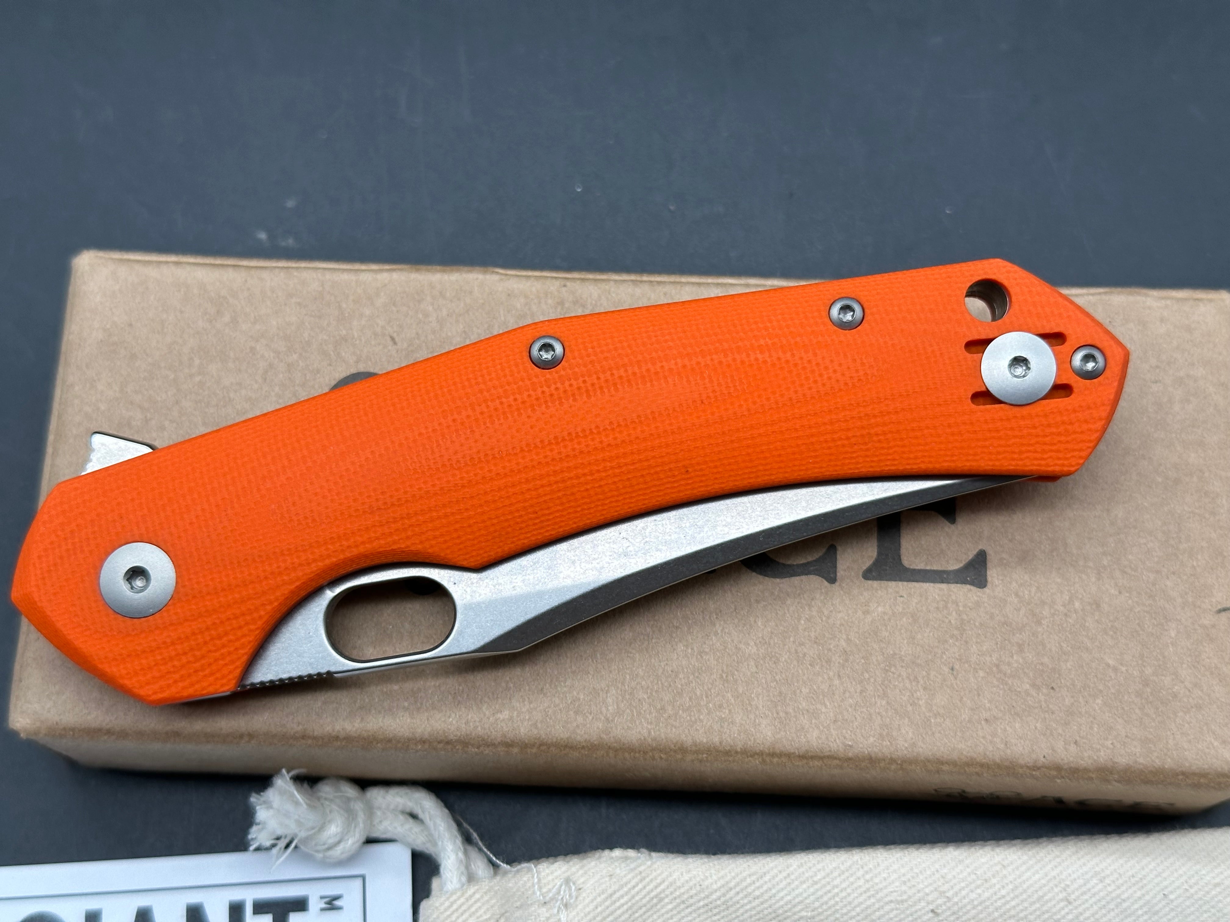 GiantMouse Ace Jutland 3.35" Elmax SuperClean Stonewash Blade with Orange G10 Scales