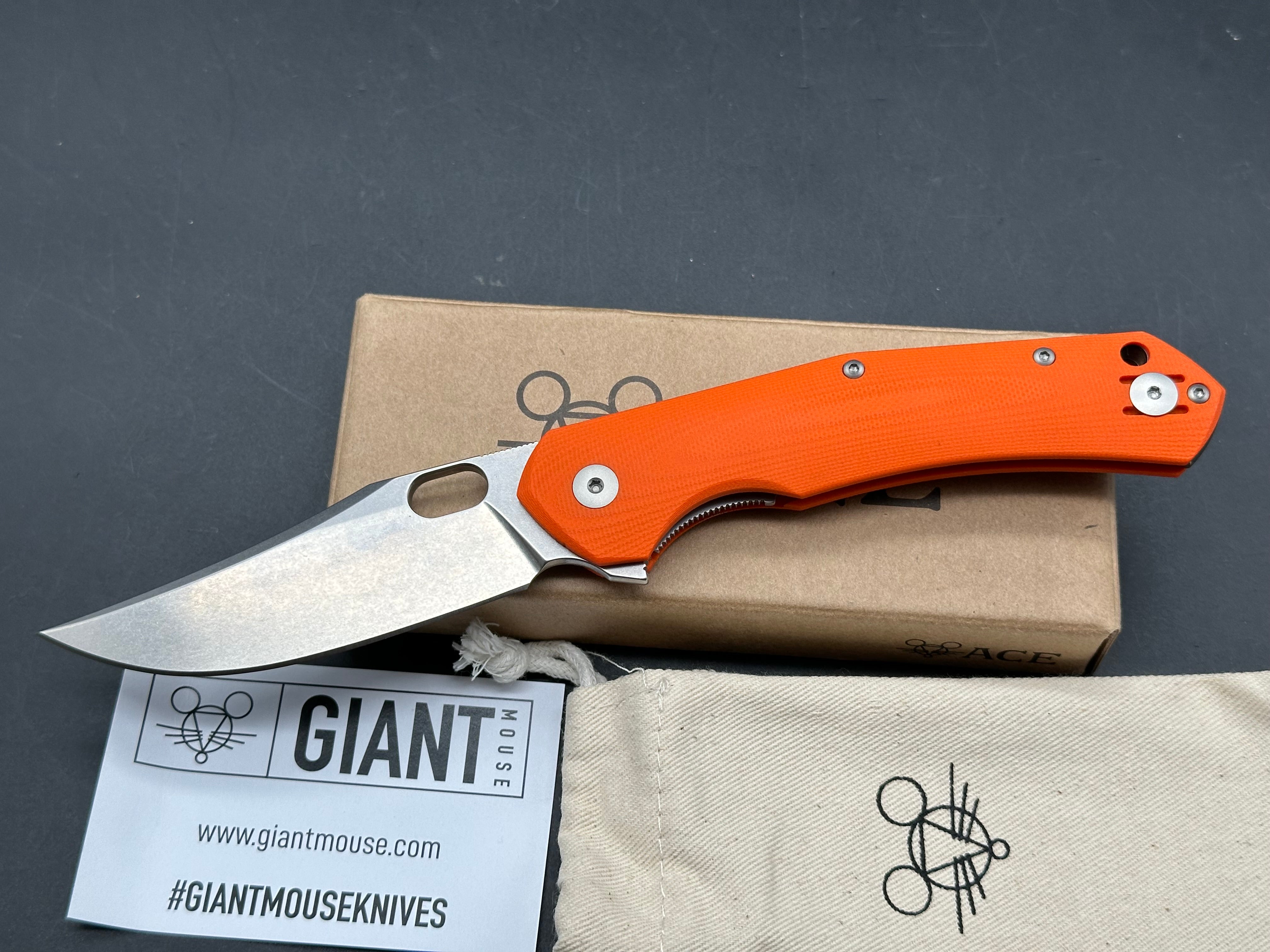GiantMouse Ace Jutland 3.35" Elmax SuperClean Stonewash Blade with Orange G10 Scales