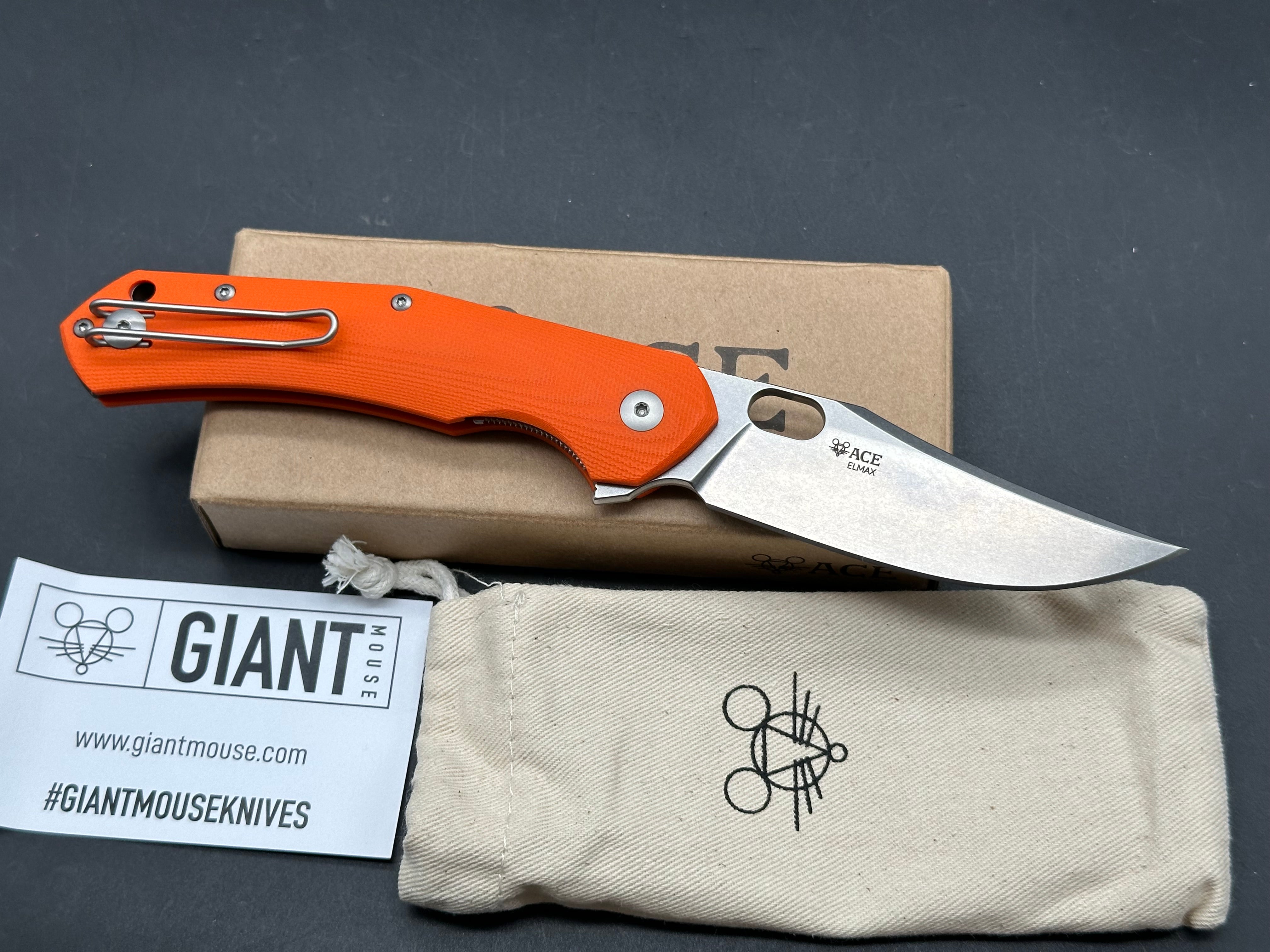 GiantMouse Ace Jutland 3.35" Elmax SuperClean Stonewash Blade with Orange G10 Scales